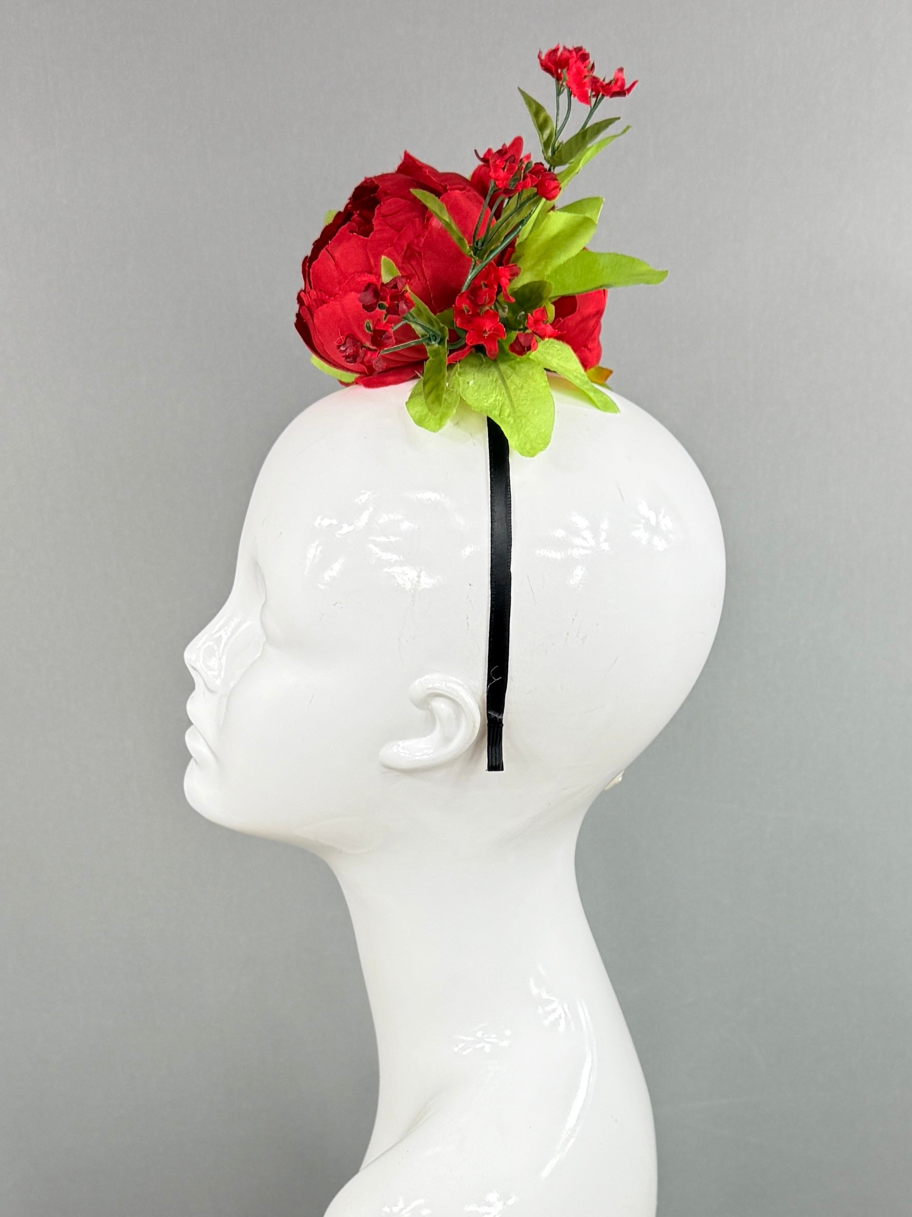 Kentucky Derby Fascinator Hat | Red peonies with green leaves  Headpiece | Derbyologie