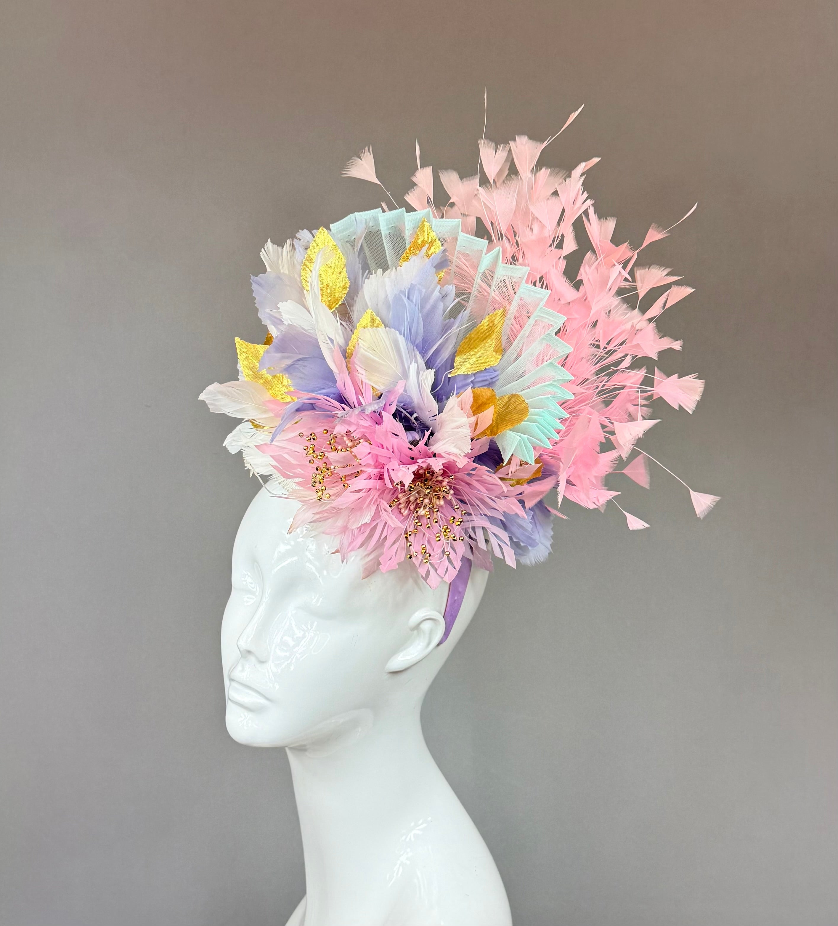 Pink, purple, gold and white Kentucky Derby Fascinator, derby hat Kentucky Derby Hat Alternative, Floral Fascinator, (PLATINUM LINE)