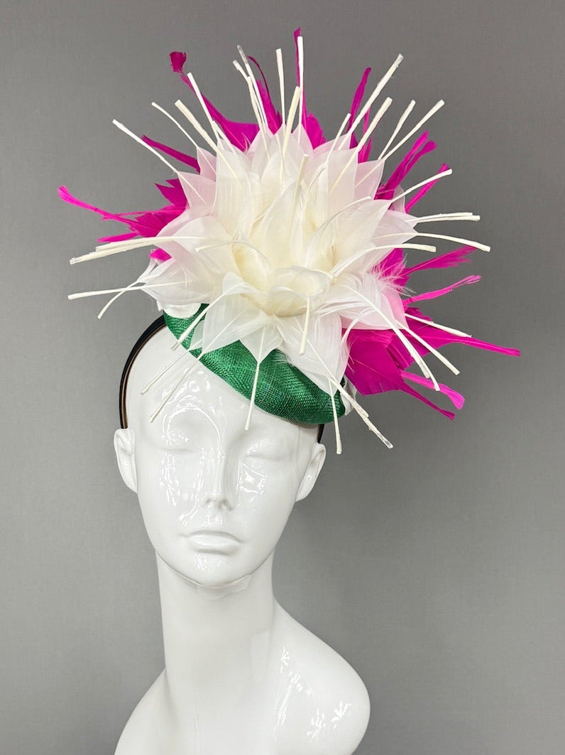 Kentucky Derby Fascinator Hat |White and pink feathered flower Headpiece | Derbyologie