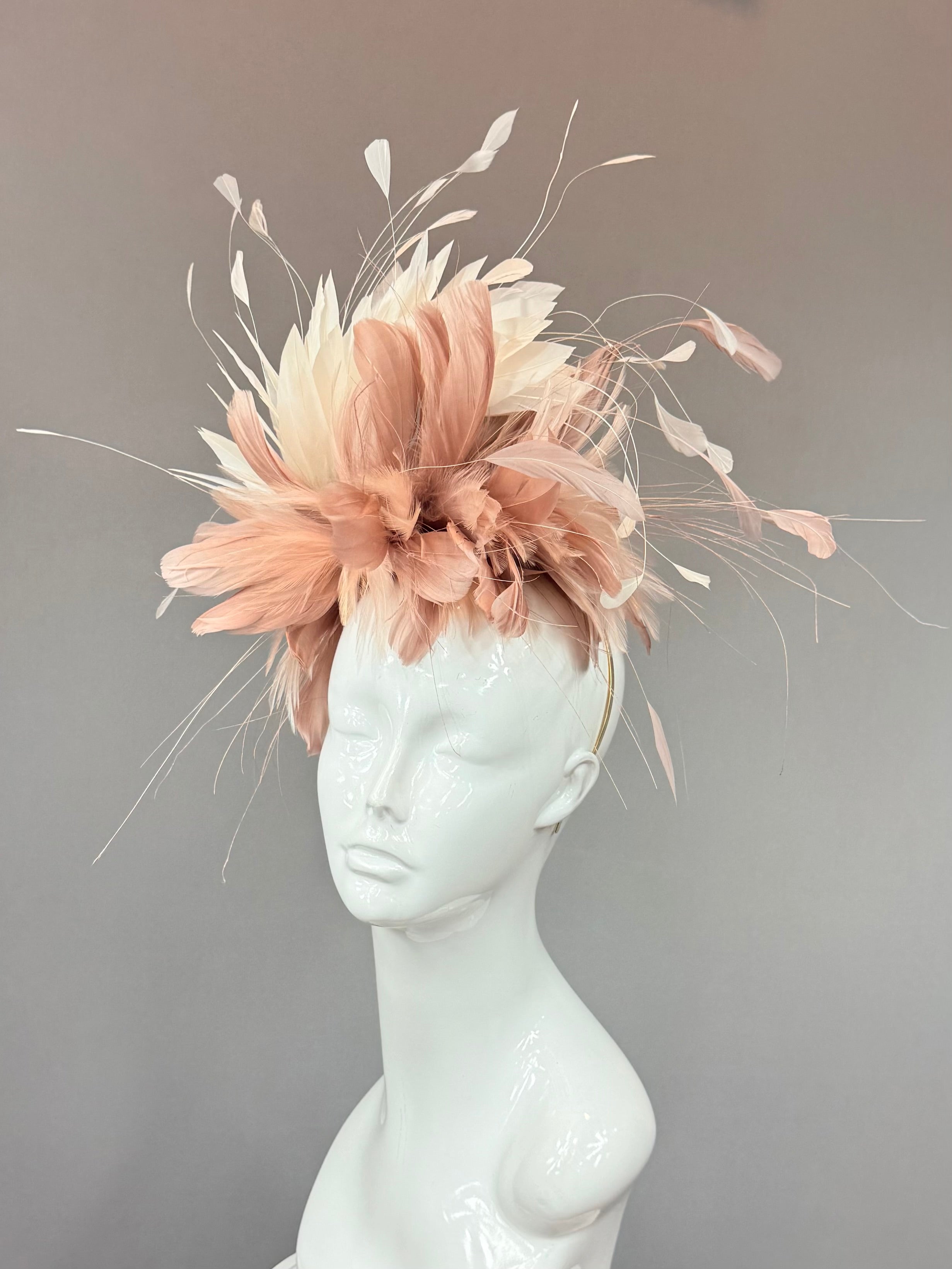 Kentucky Derby Fascinator Hat | Neutral Beige Blush and Ivory Feather Headband Hat | Derbyologie