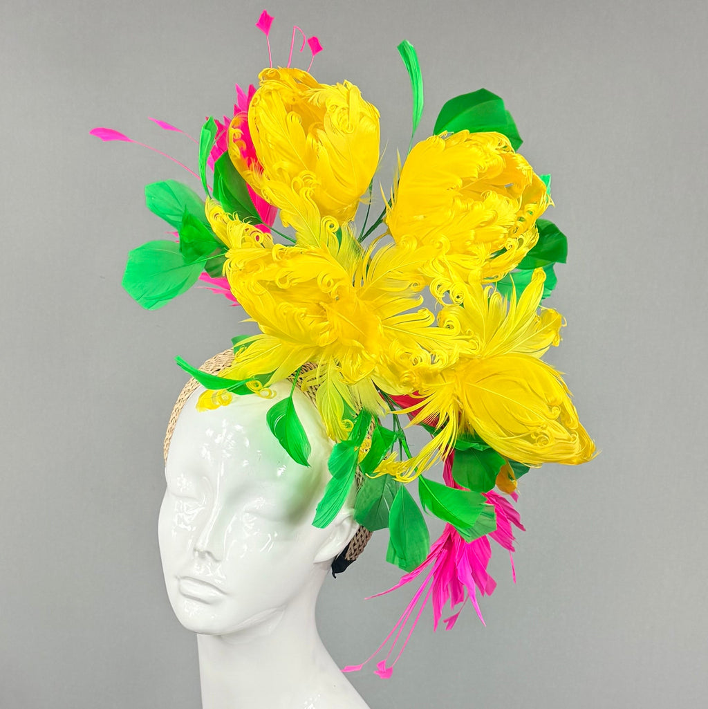 Kentucky Derby Fascinator Hat | Yellow Pink & Green Feather Fascinator Hat | Derbyologie