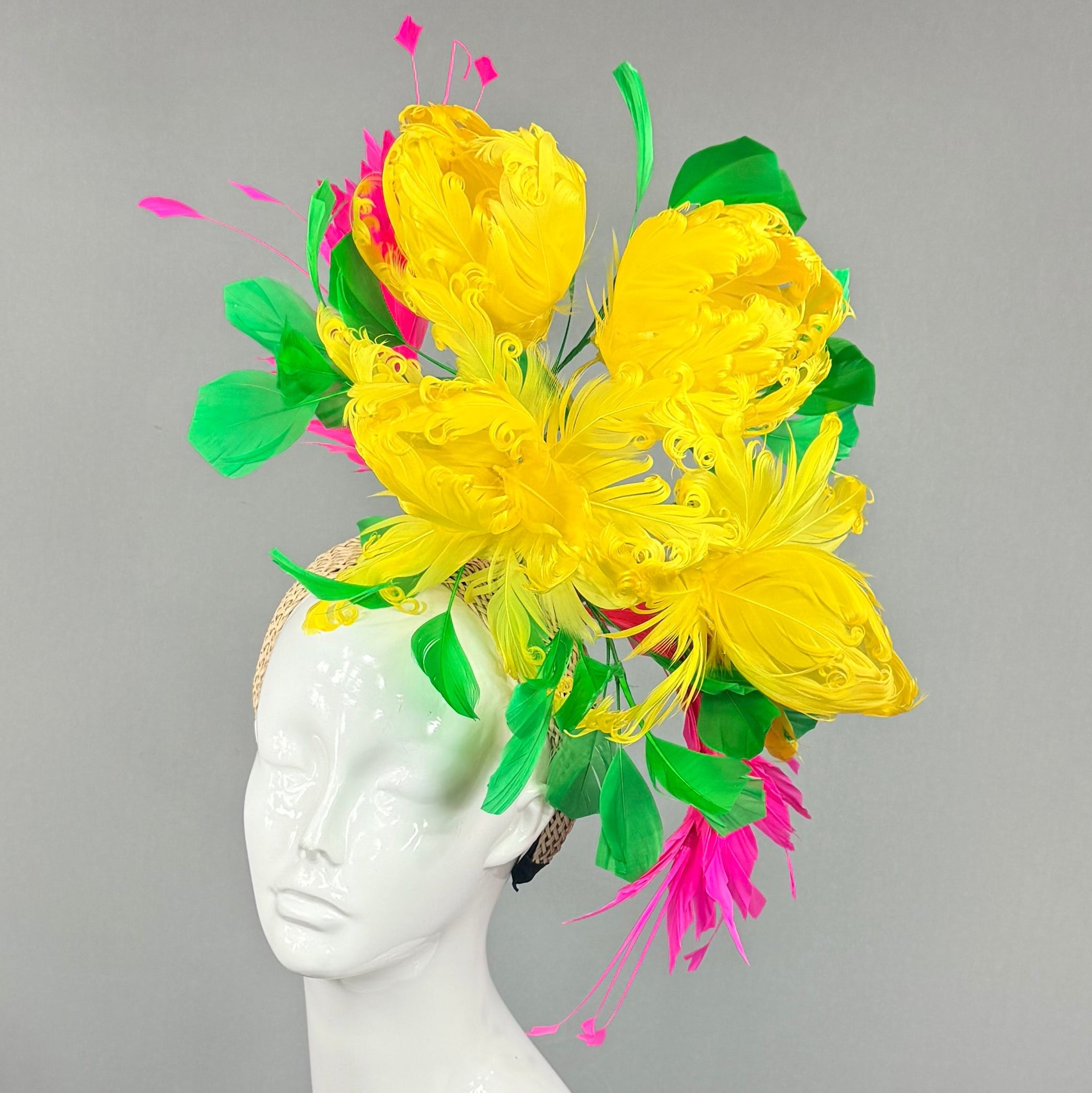 Kentucky Derby Fascinator Hat | Yellow Pink & Green Feather Fascinator Hat | Derbyologie
