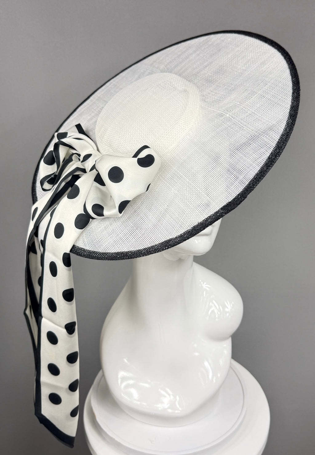 Kentucky Derby Fascinator Hat | White mat with black polka dot bow Headpiece | Derbyologie