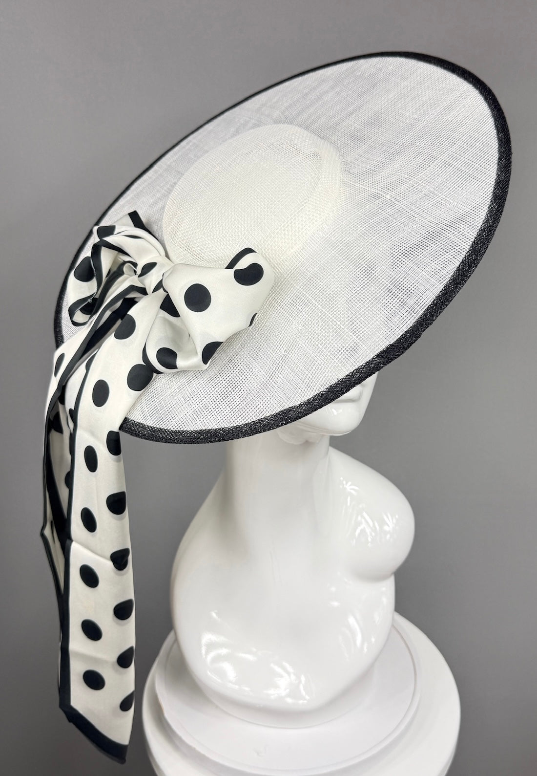 Kentucky Derby Fascinator Hat | White mat with black polka dot bow Headpiece | Derbyologie