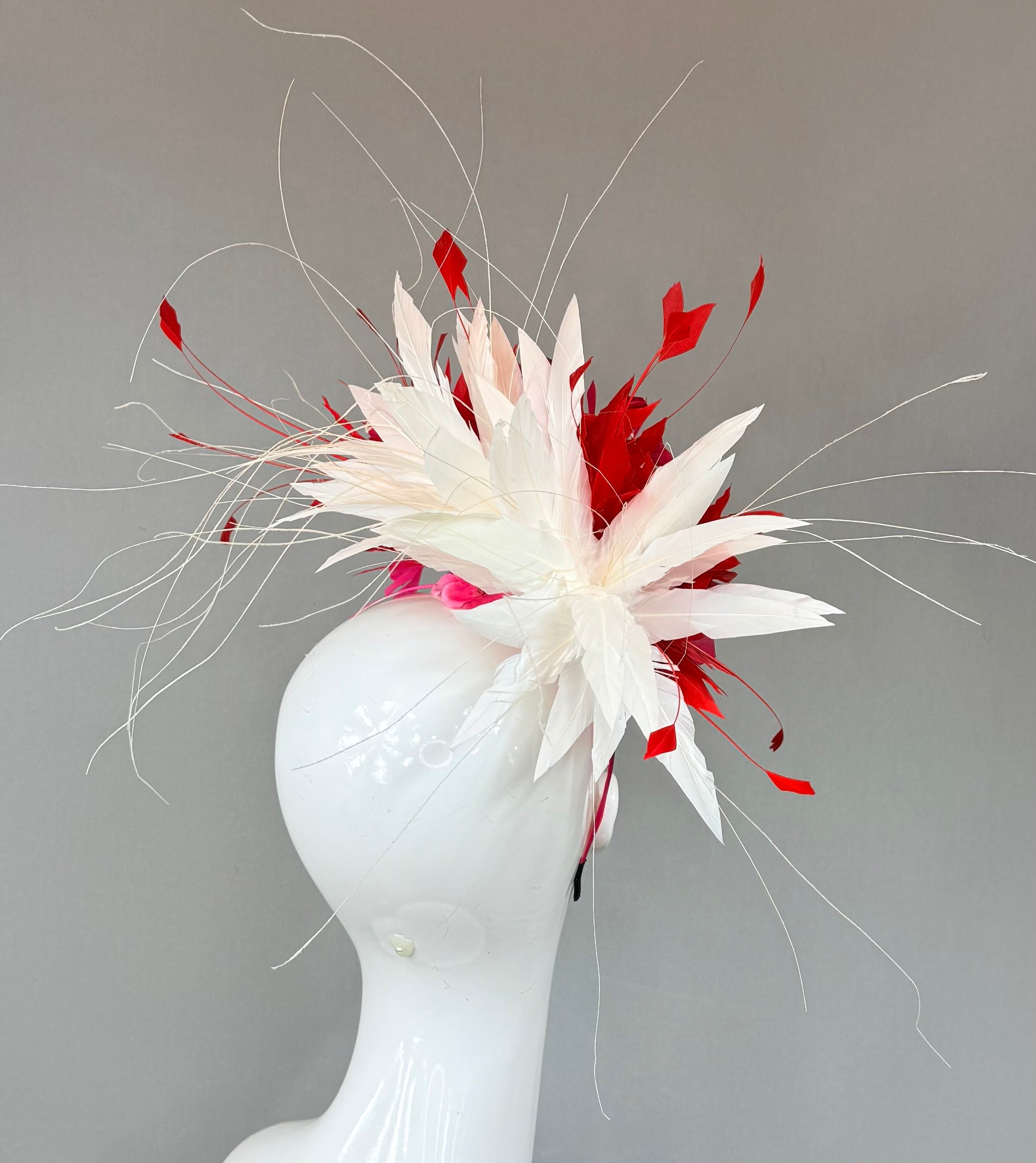 Kentucky Derby Fascinator Hat | fuchsia, red, and white feathered Headband Hat | Derbyologie