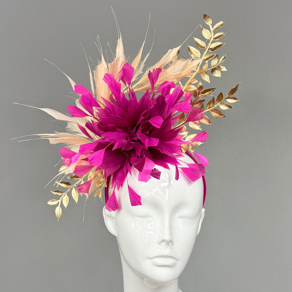 Kentucky Derby Fascinator Hat |Fuchsia, beige, and gold  Headband Hat | Derbyologie