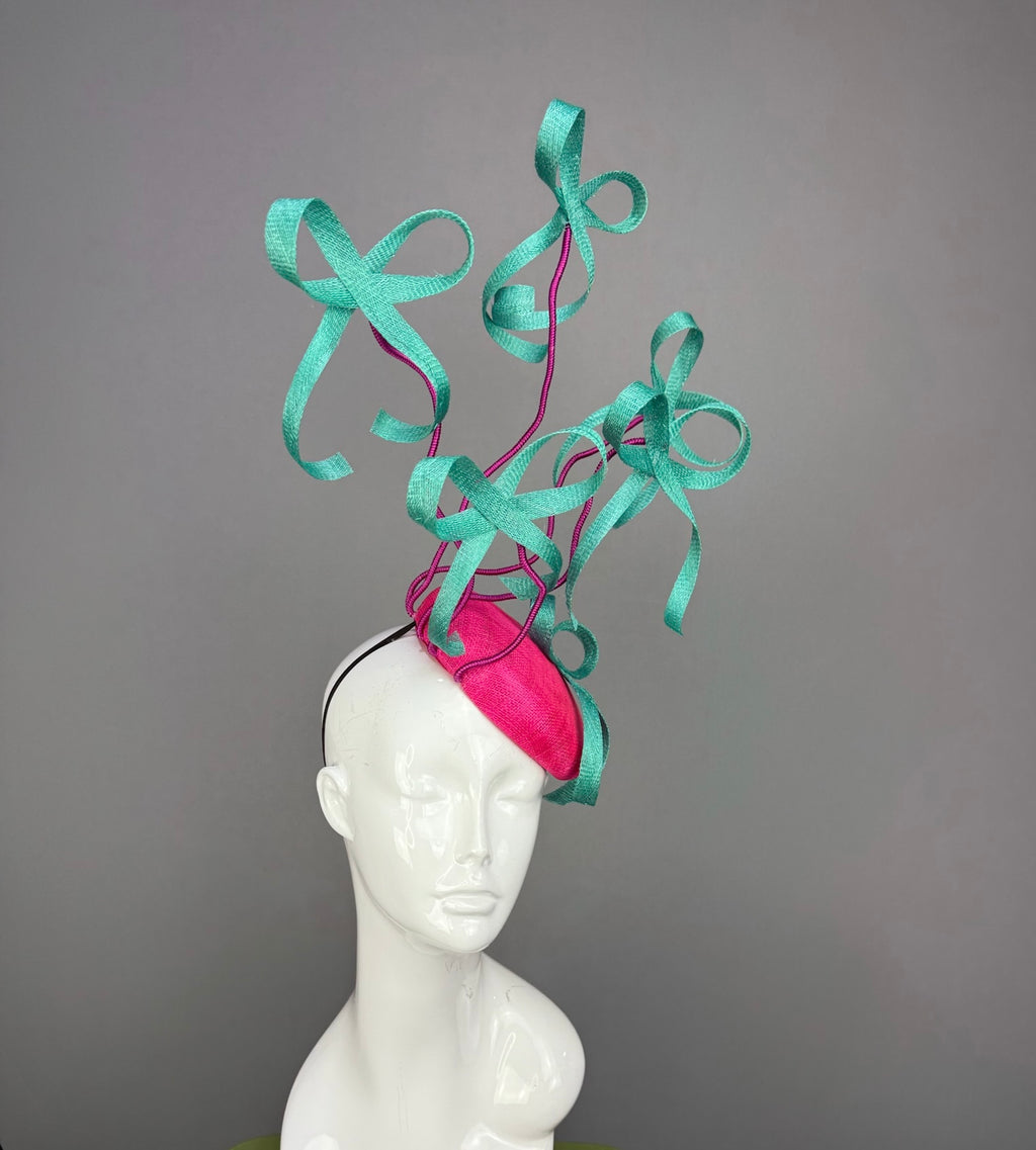 Kentucky Derby Fascinator Hat | Pink and Turquoise Bow Headpiece | Derbyologie