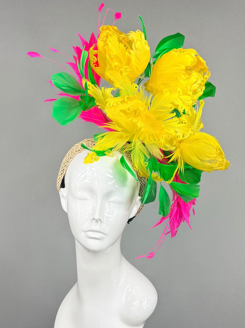 Kentucky Derby Fascinator Hat | Yellow Pink & Green Feather Fascinator Hat | Derbyologie