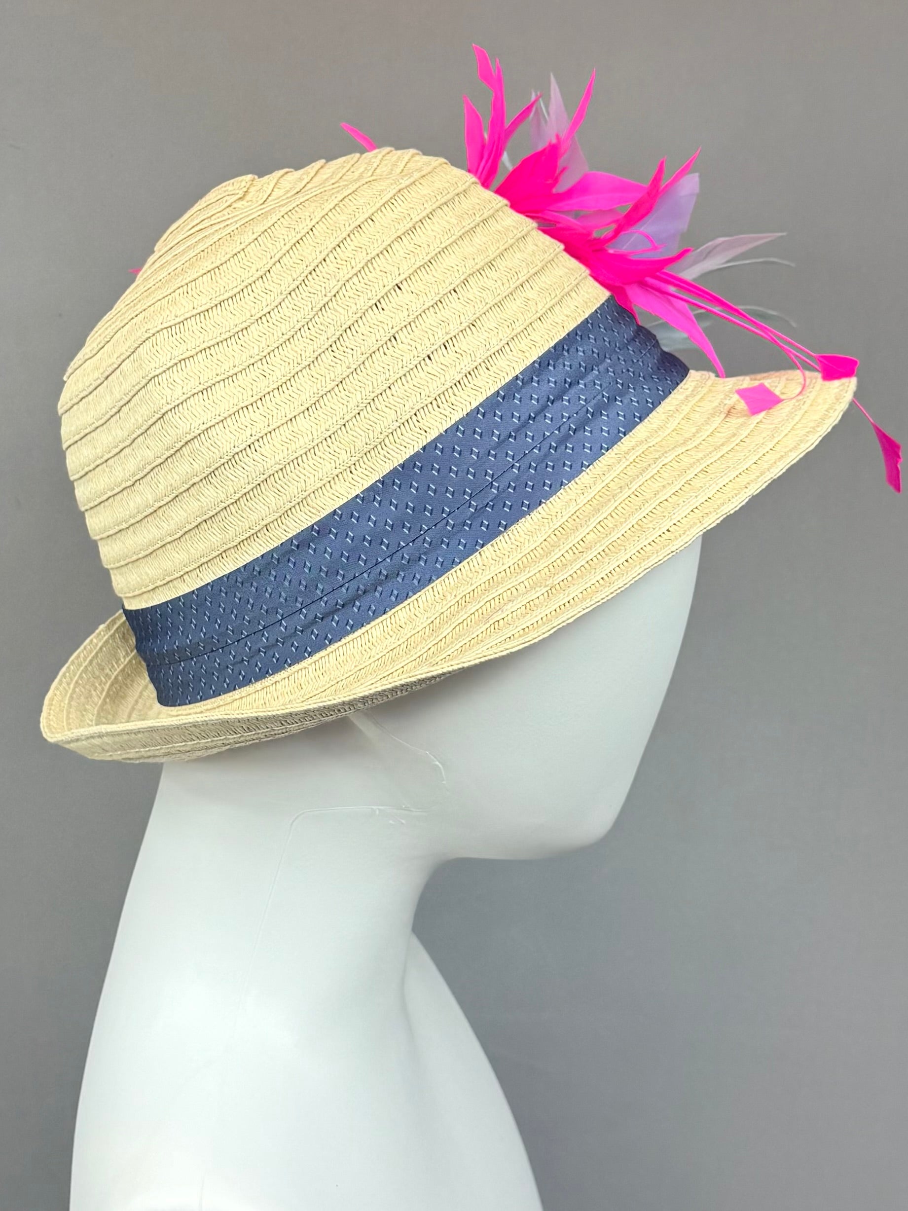 Kentucky Derby Men’s Hat | Straw Fedora, Blue & Pink Feather Hat| Derbyologie