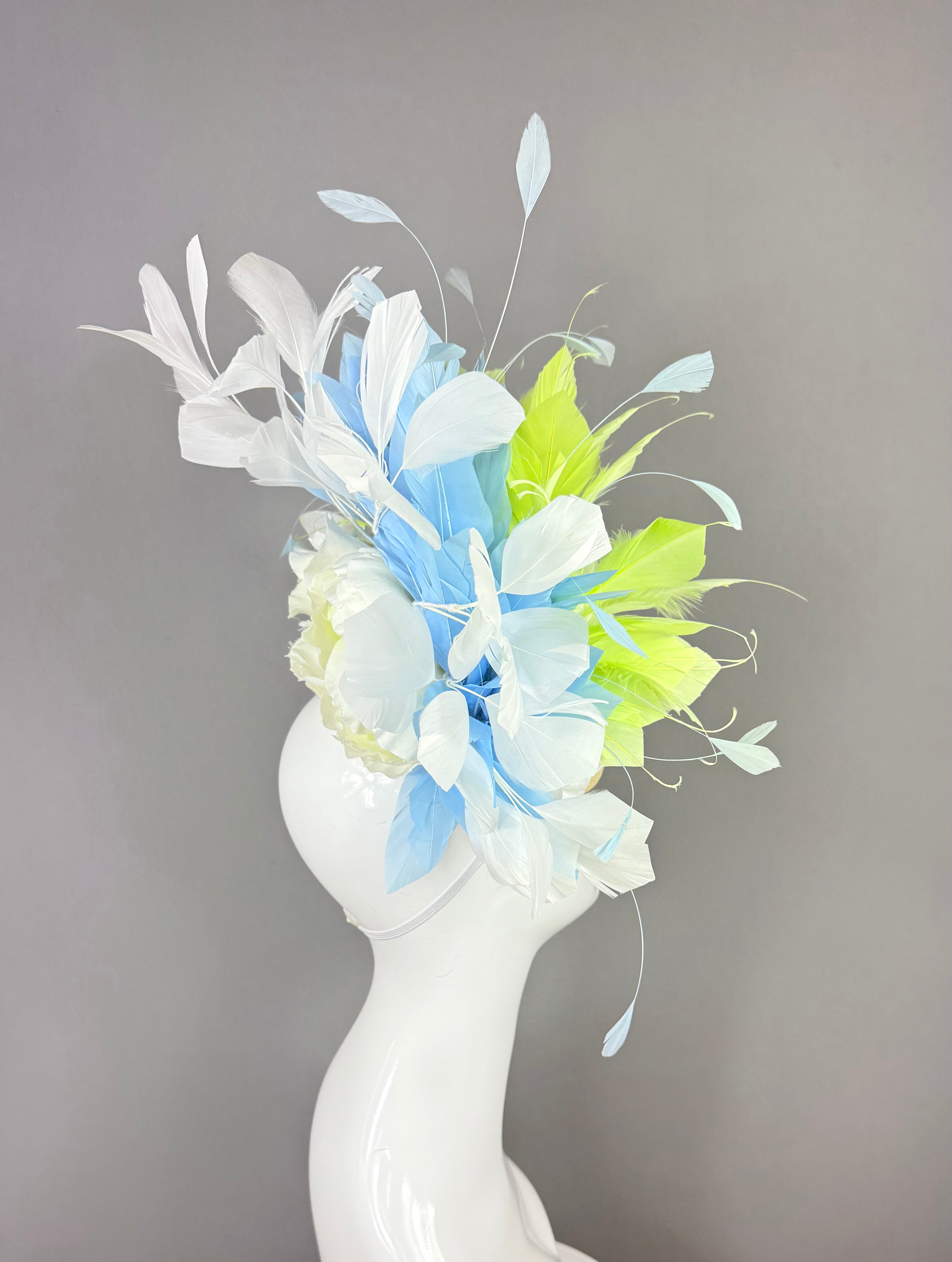 Kentucky Derby Fascinator Hat |White, Lime & Blue Feather Headpiece | Derbyologie