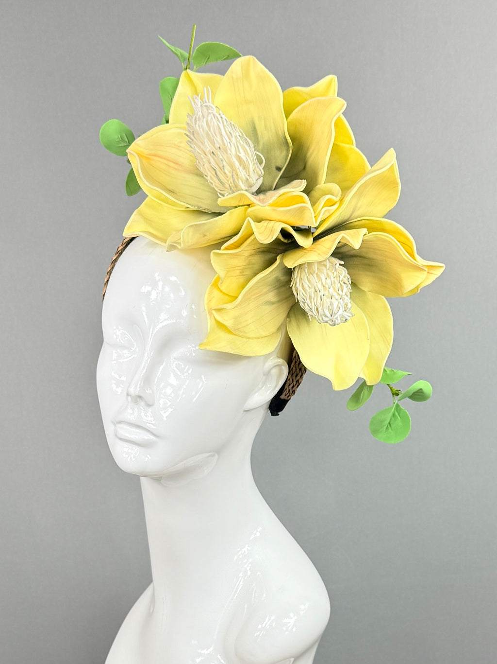 Kentucky Derby Fascinator Hat | Yellow magnolias with green eucalyptus Headpiece | Derbyologie