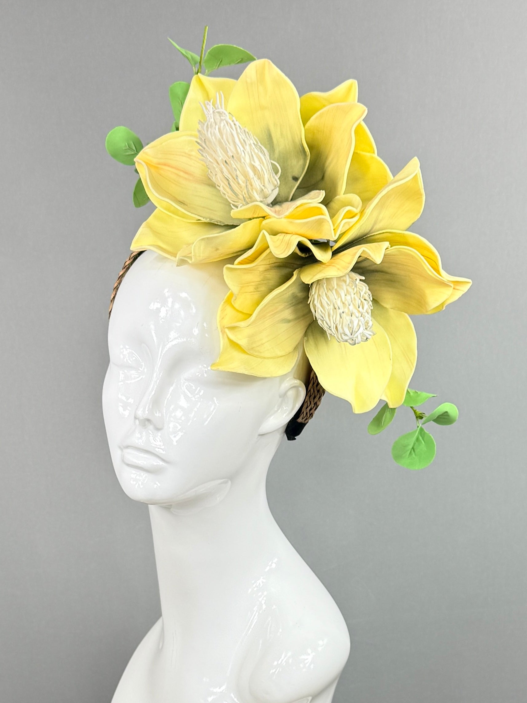 Kentucky Derby Fascinator Hat | Yellow magnolias with green eucalyptus Headpiece | Derbyologie
