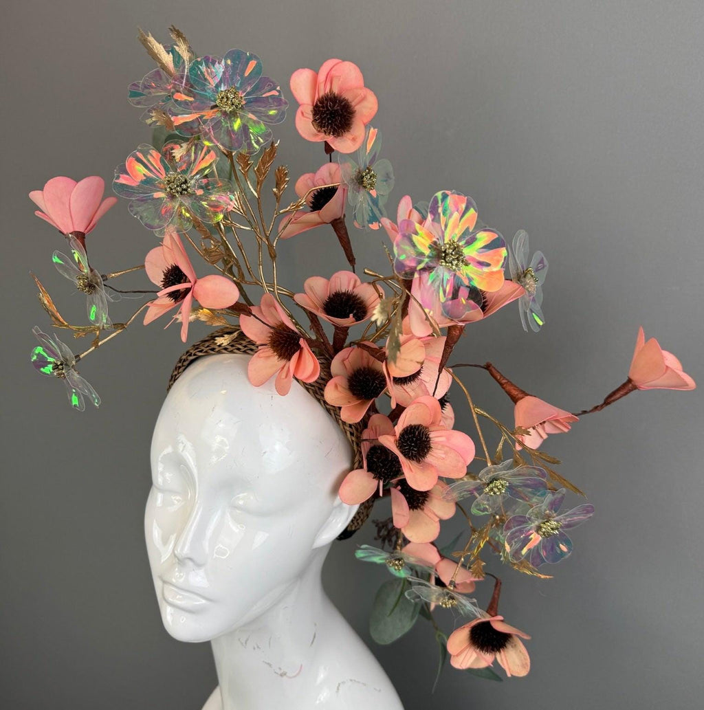 Kentucky Derby Fascinator Hat | Peachy Pink & Green Flower Headpiece | Derbyologie