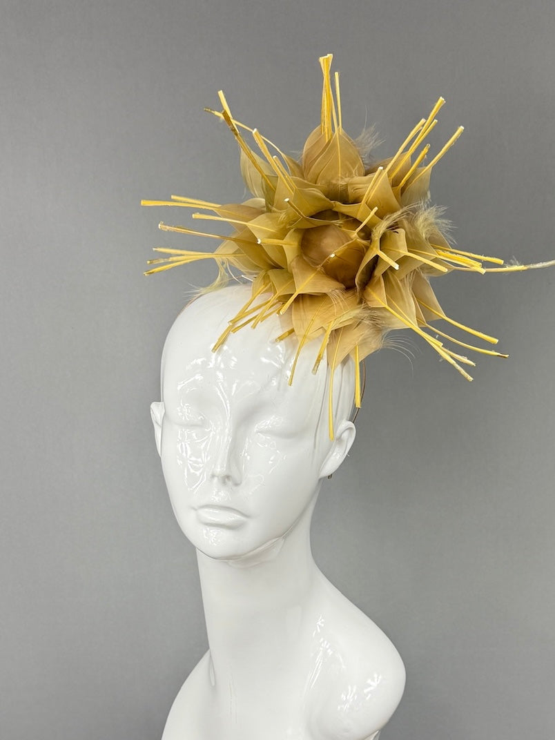 Kentucky Derby Fascinator Hat | Gold feathered dahlia Headpiece | Derbyologie