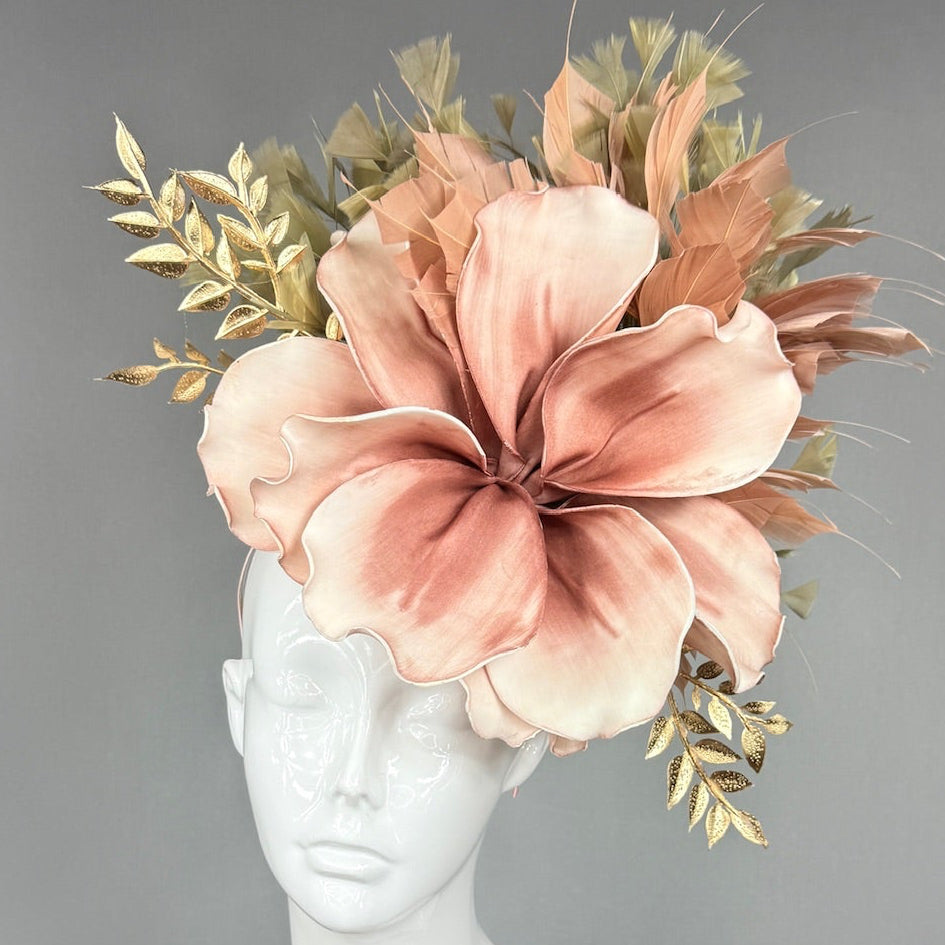 Kentucky Derby Fascinator Hat |  oversized blush magnolia, gold and beige accents Headpiece | Derbyologie