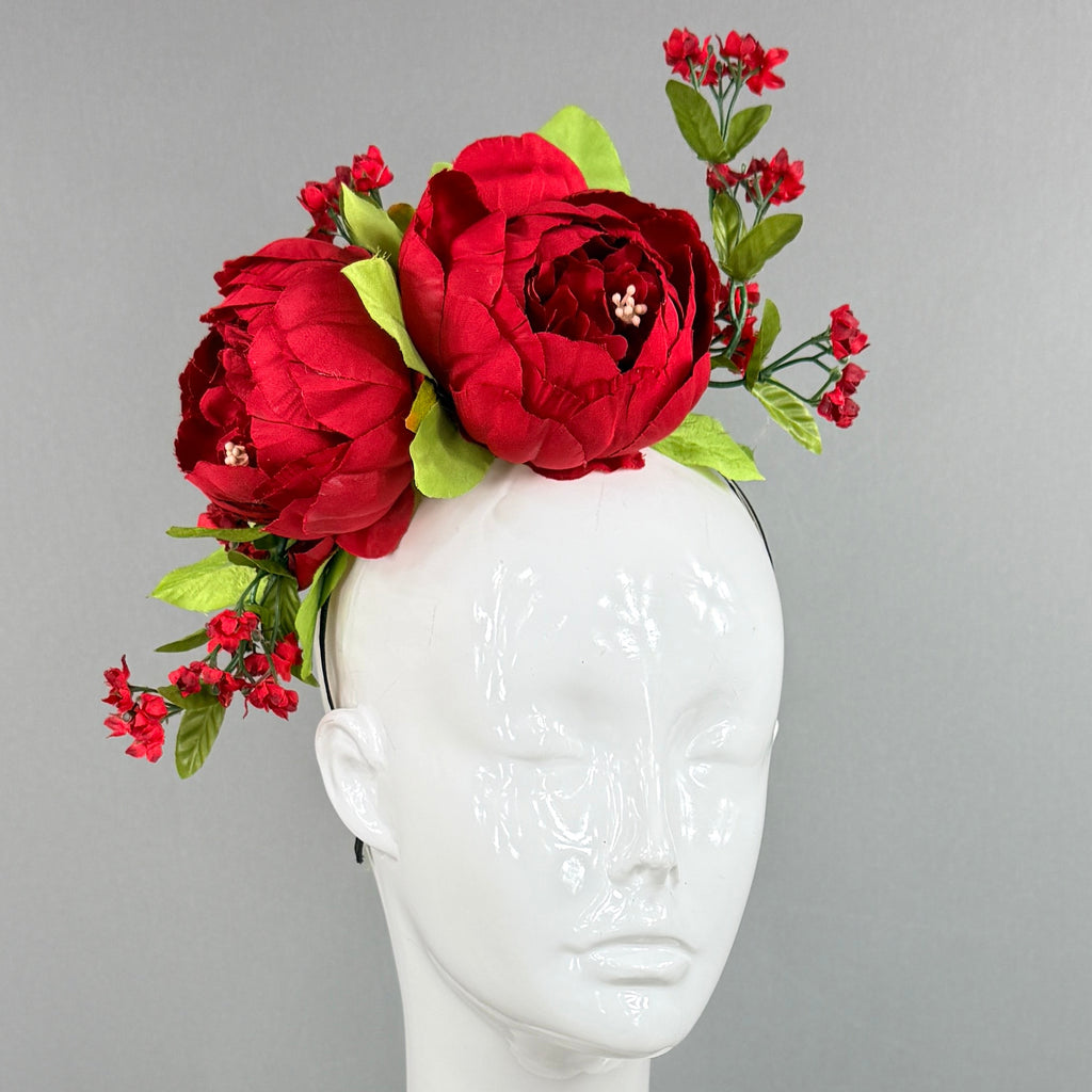 Kentucky Derby Fascinator Hat | Red peonies with green leaves  Headpiece | Derbyologie