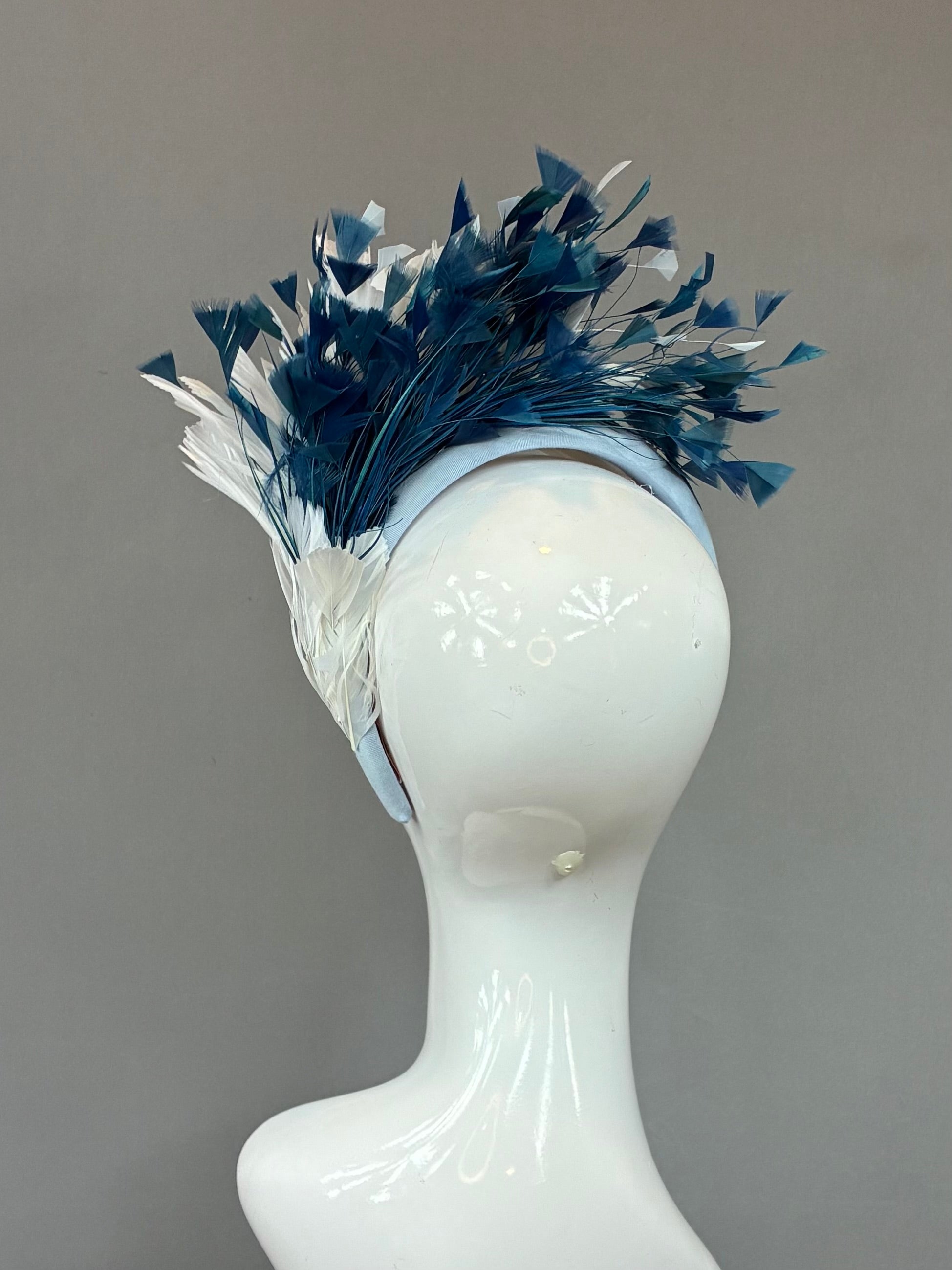 Kentucky Derby Fascinator Hat |Blue and white feathered Headband Hat | Derbyologie