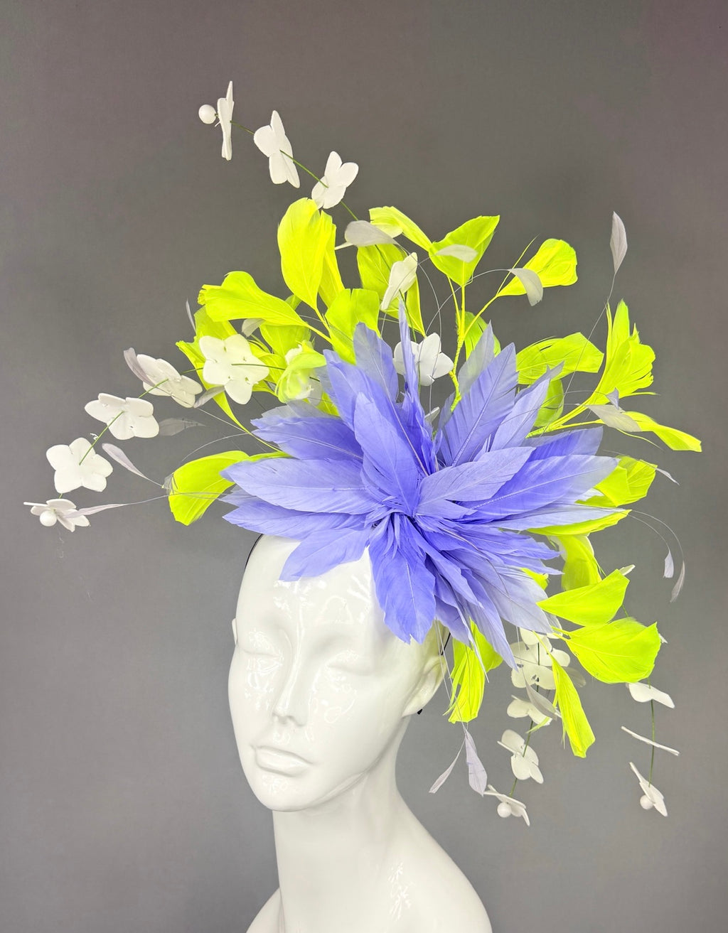 Kentucky Derby Fascinator Hat |  Purple and lime green feathers and white flowers Headpiece | Derbyologie