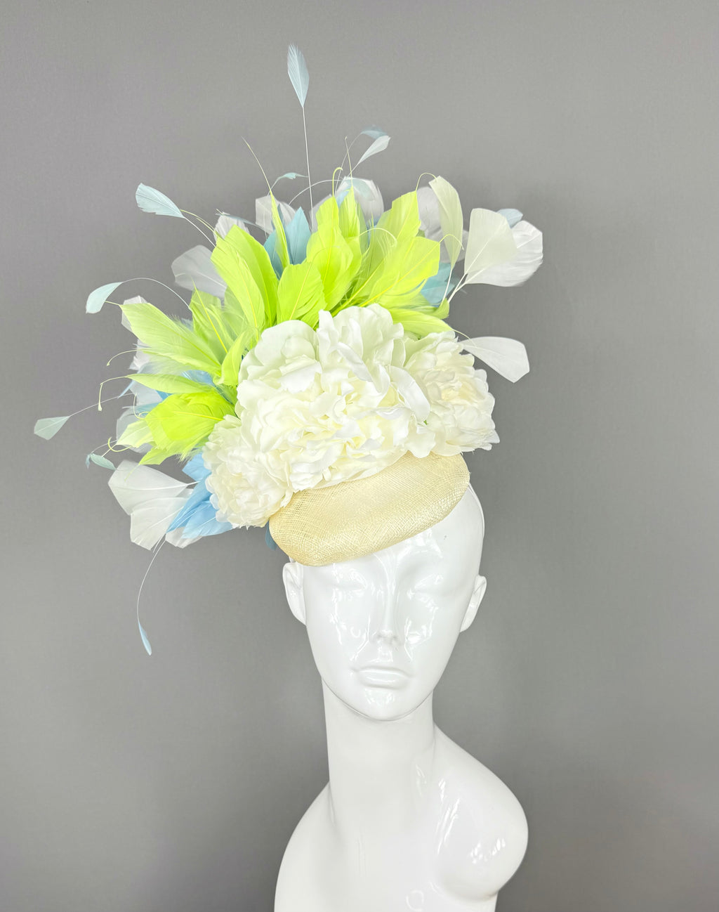 Kentucky Derby Fascinator Hat |White, Lime & Blue Feather Headpiece | Derbyologie