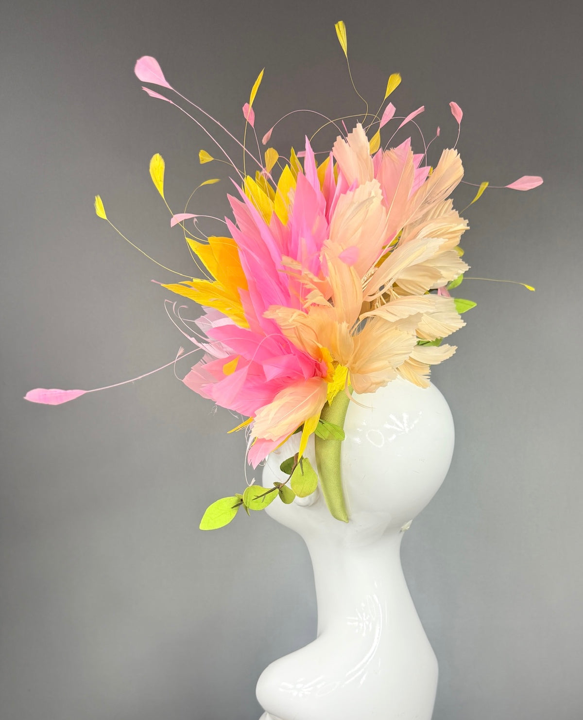 Kentucky Derby Fascinator Hat |  Pink and yellow feathers and leaves Headpiece | Derbyologie