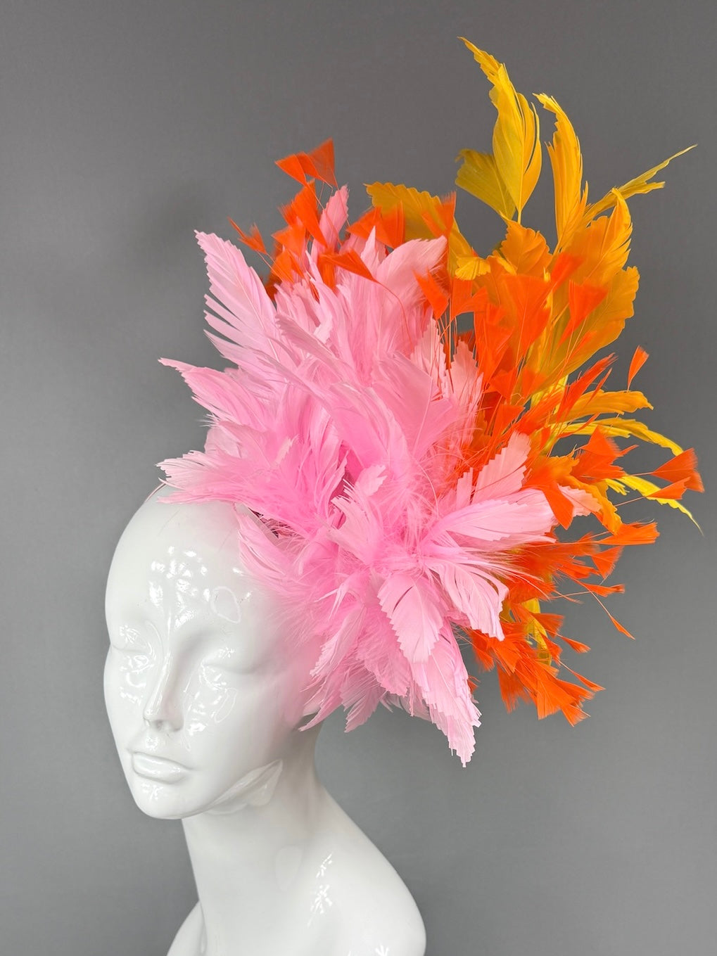 Kentucky Derby Fascinator Hat | Pink, Orange, and Yellow feathered Headpiece | Derbyologie