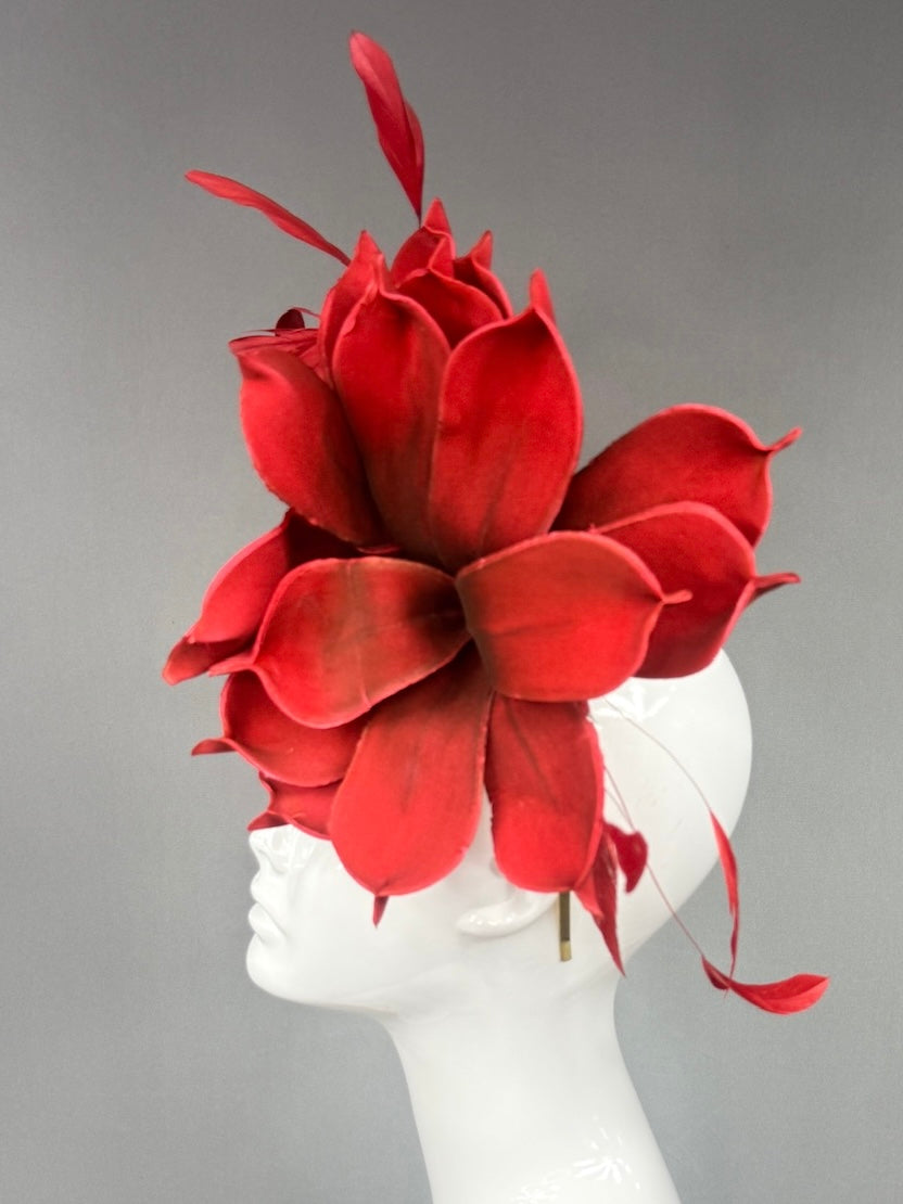 Kentucky Derby Fascinator Hat |  Red magnolias and feathers  Headpiece | Derbyologie