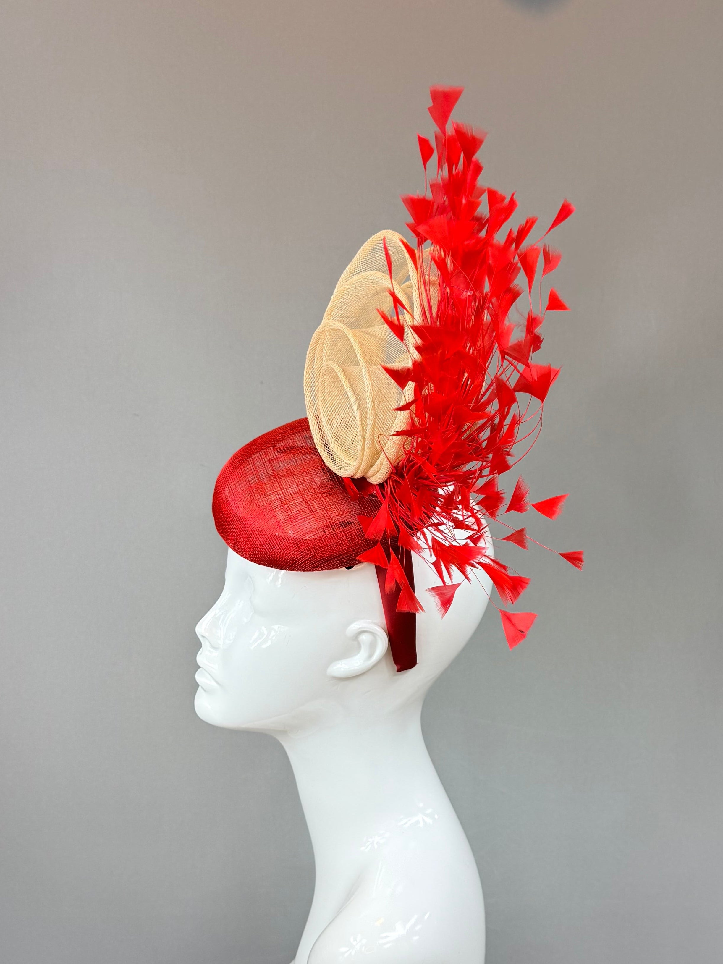 Kentucky Derby Fascinator | Red and Beige Feather Hat | Derbyologie