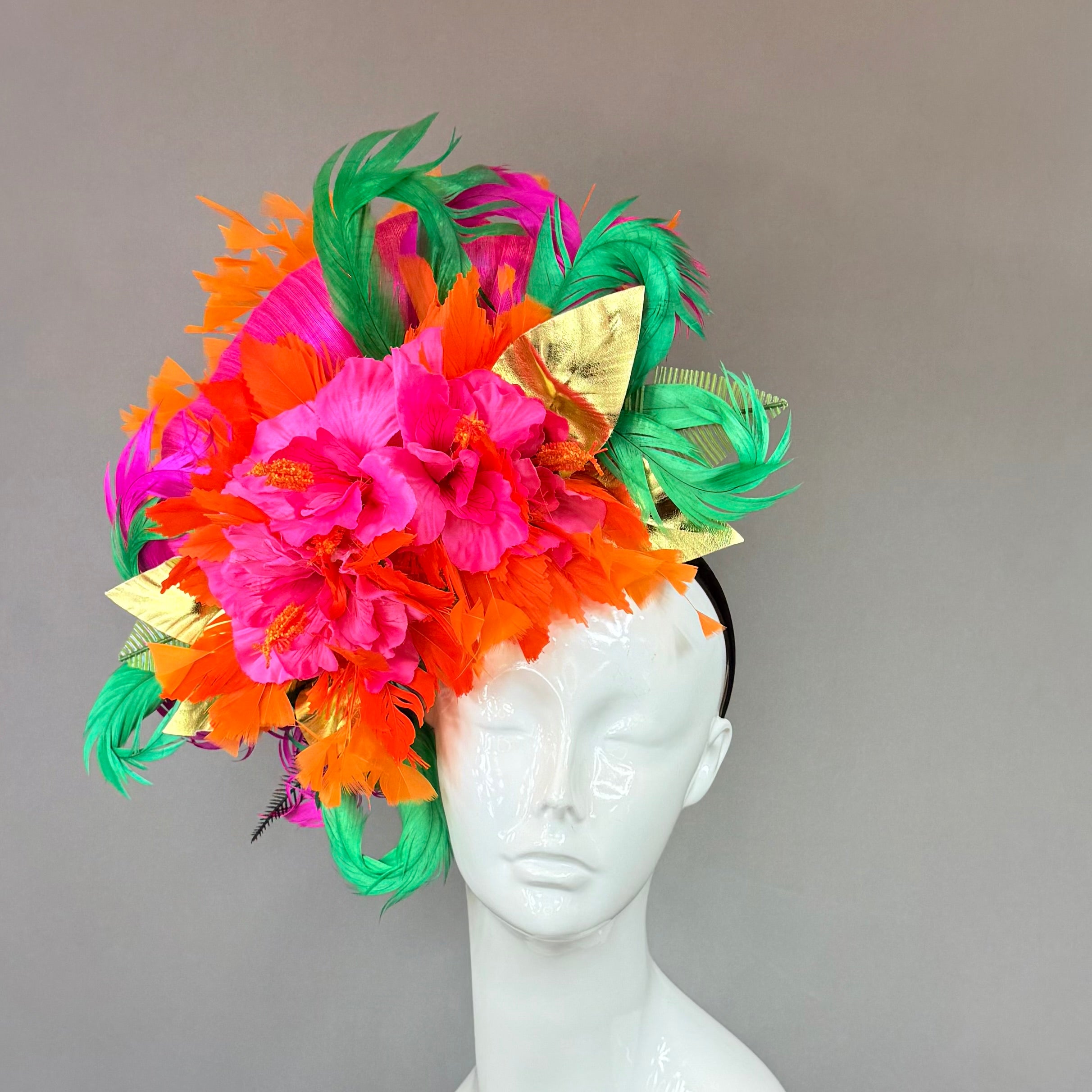 Pink, green and orange Kentucky Derby Fascinator, derby hat Kentucky Derby Hat Alternative, Floral Fascinator, (PLATINUM LINE)