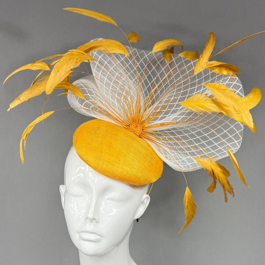 Kentucky Derby Fascinator Hat | Yellow feathers and white mesh Headpiece | Derbyologie