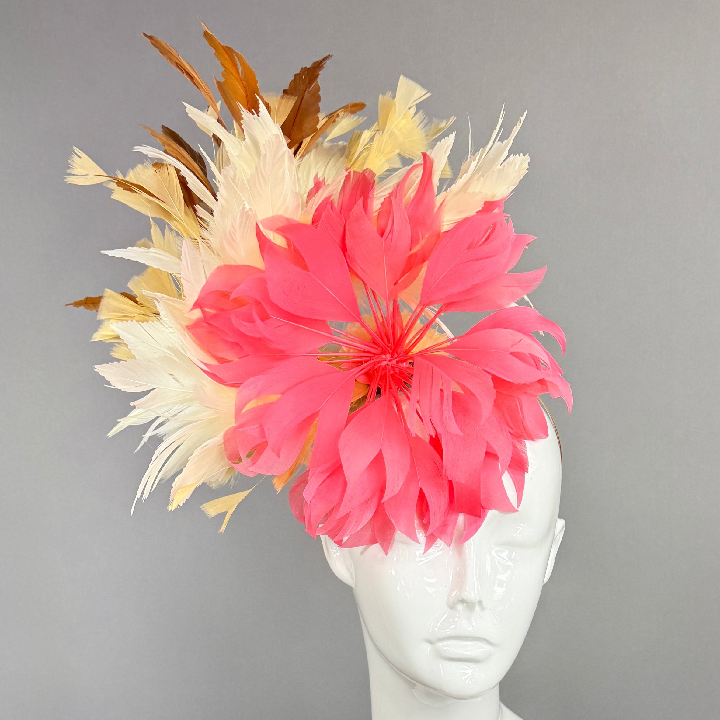 Kentucky Derby Fascinator Hat | Pink, white, beige, and brown feathered Headpiece | Derbyologie
