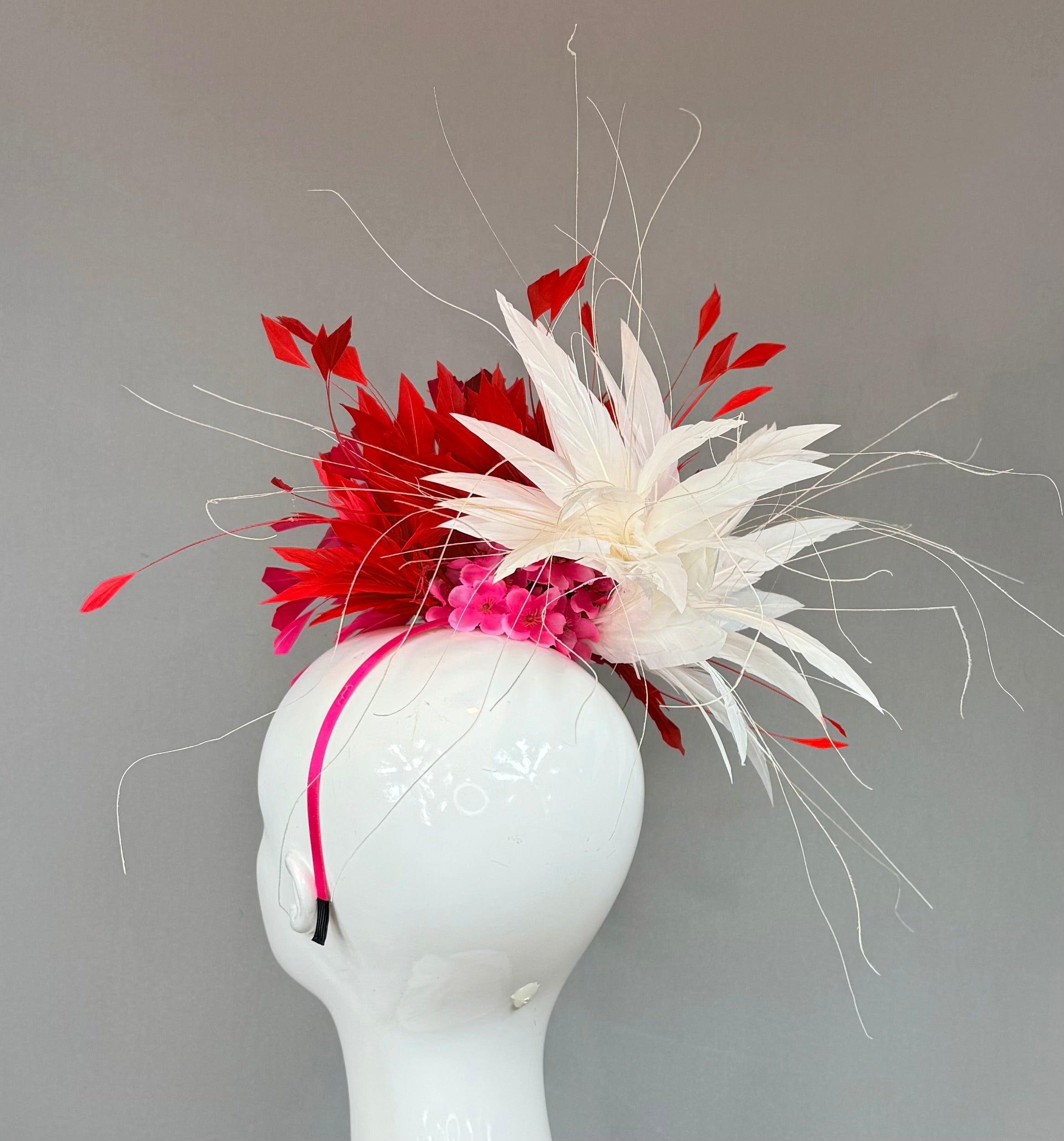Kentucky Derby Fascinator Hat | fuchsia, red, and white feathered Headband Hat | Derbyologie