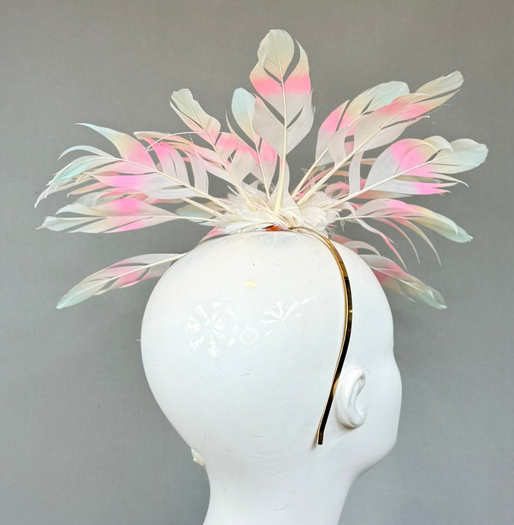 HUGE tie-dyed feather flower Kentucky Derby Fascinator, derby hat Kentucky Derby Hat, Feather Fascinator, (GOLD LINE)