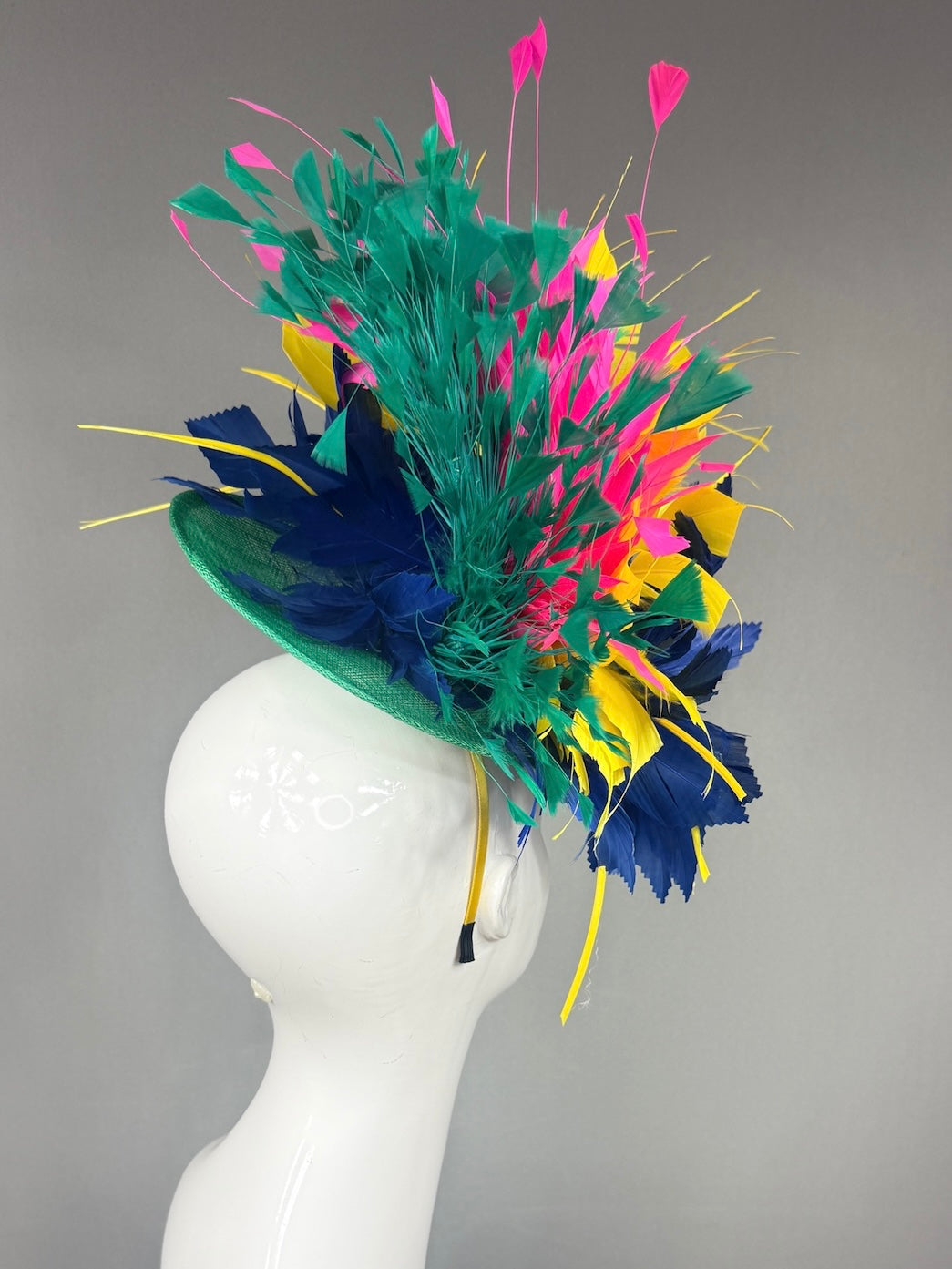 Kentucky Derby Fascinator Hat |  Navy, yellow, pink, and green feathered Headpiece | Derbyologie