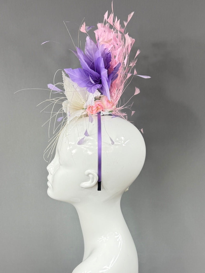 Kentucky Derby Fascinator Hat |White purple and pink feathered Headpiece | Derbyologie