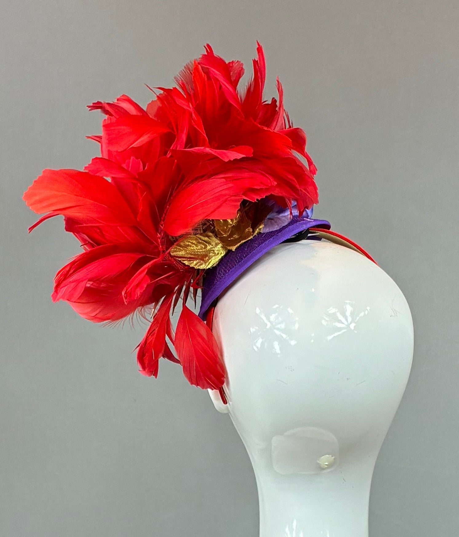 Kentucky Derby Fascinator Hat | Red, Gold, and Purple Headpiece | Derbyologie
