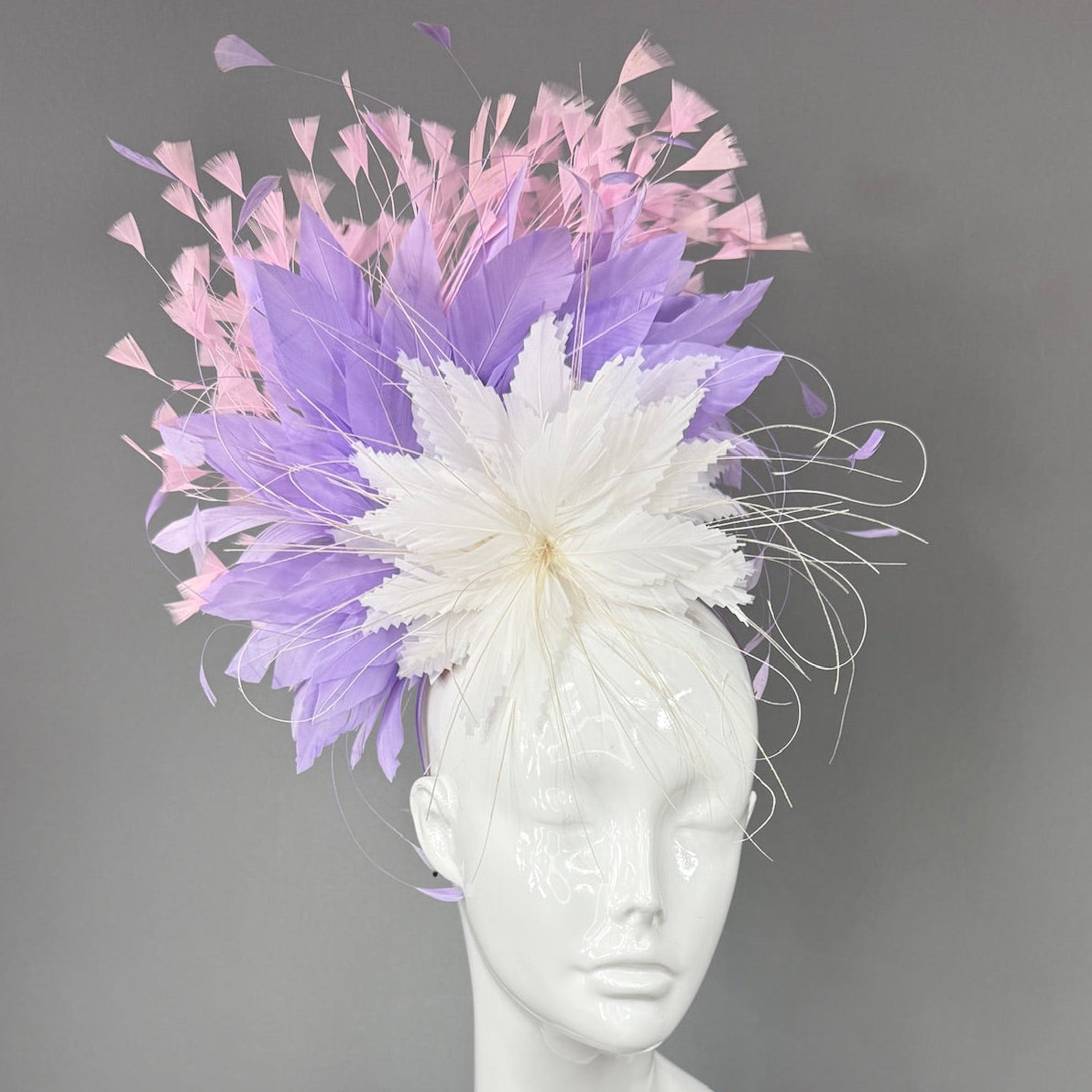 Kentucky Derby Fascinator Hat |White purple and pink feathered Headpiece | Derbyologie