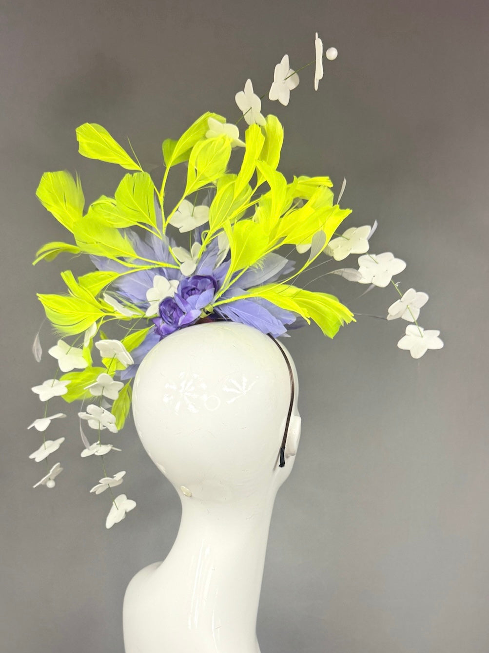 Kentucky Derby Fascinator Hat |  Purple and lime green feathers and white flowers Headpiece | Derbyologie