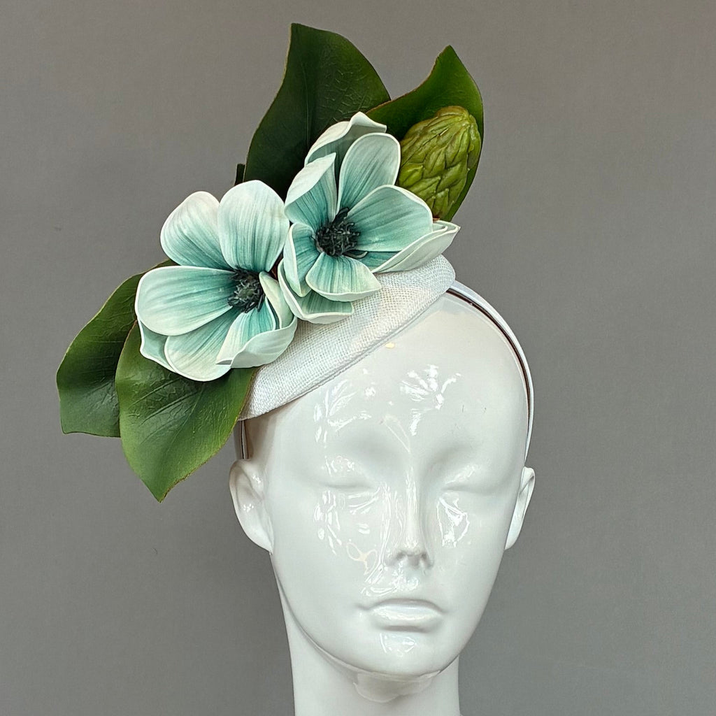 Kentucky Derby Fascinator Hat | Blue flowers and white leaves Headband Hat | Derbyologie