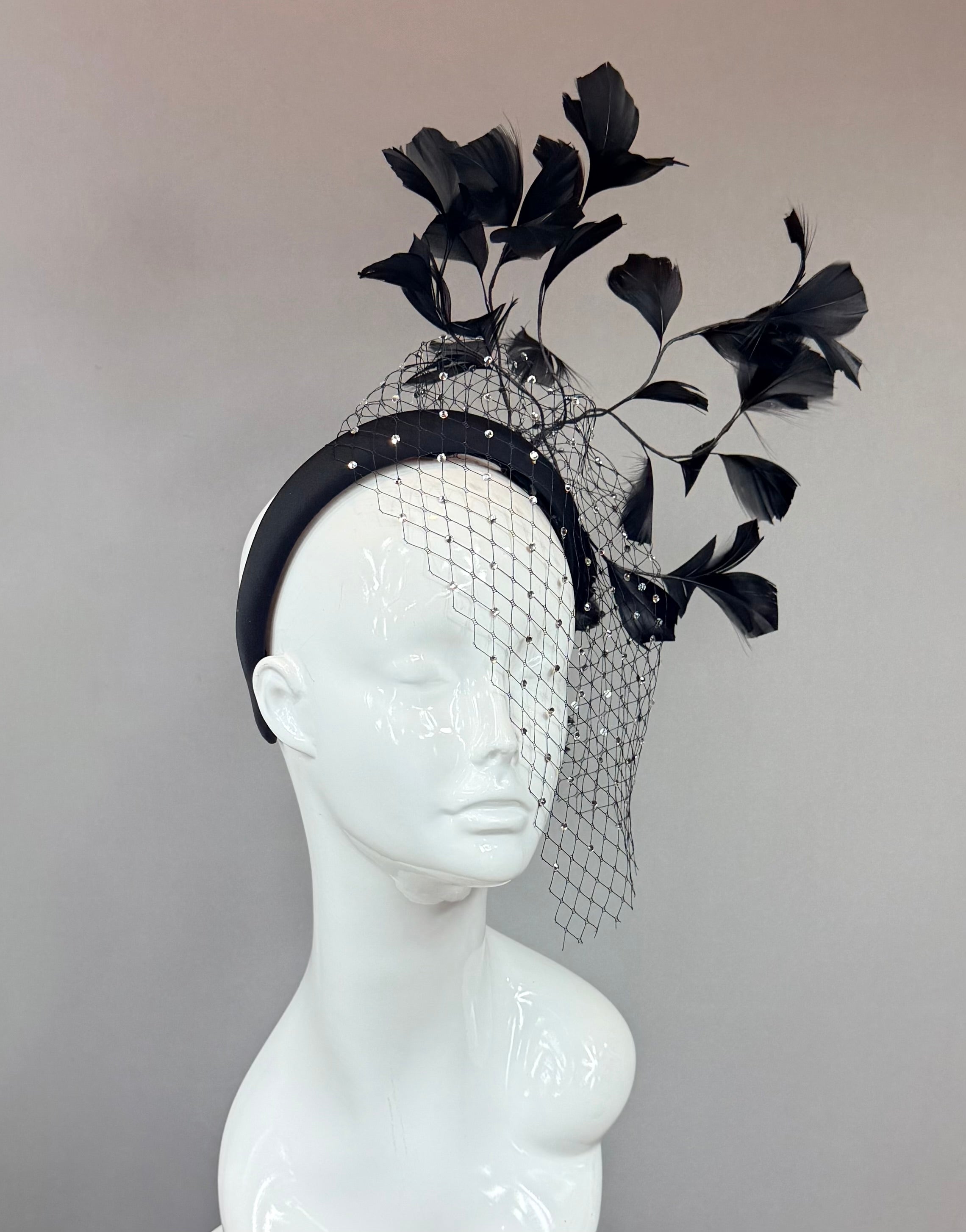 Kentucky Derby Fascinator Hat | Black Rhinestone Feather Hat | Derbyologie