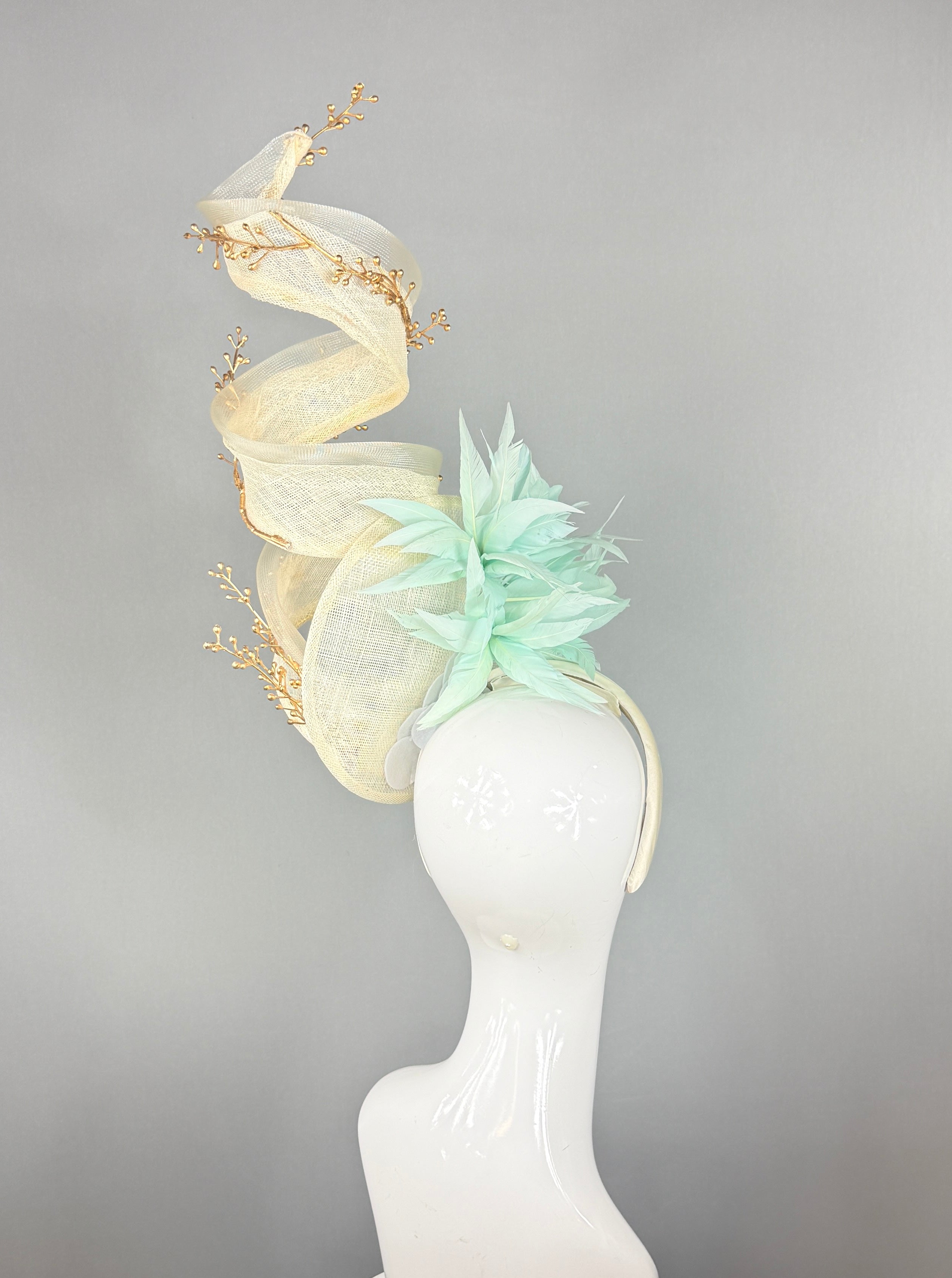 Kentucky Derby Fascinator Hat | Cream, gold, mint Headband Hat | Derbyologie