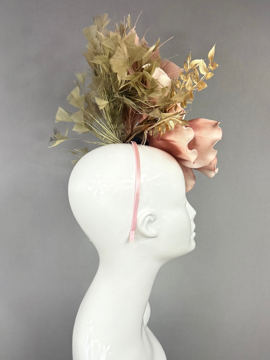 Kentucky Derby Fascinator Hat |  oversized blush magnolia, gold and beige accents Headpiece | Derbyologie