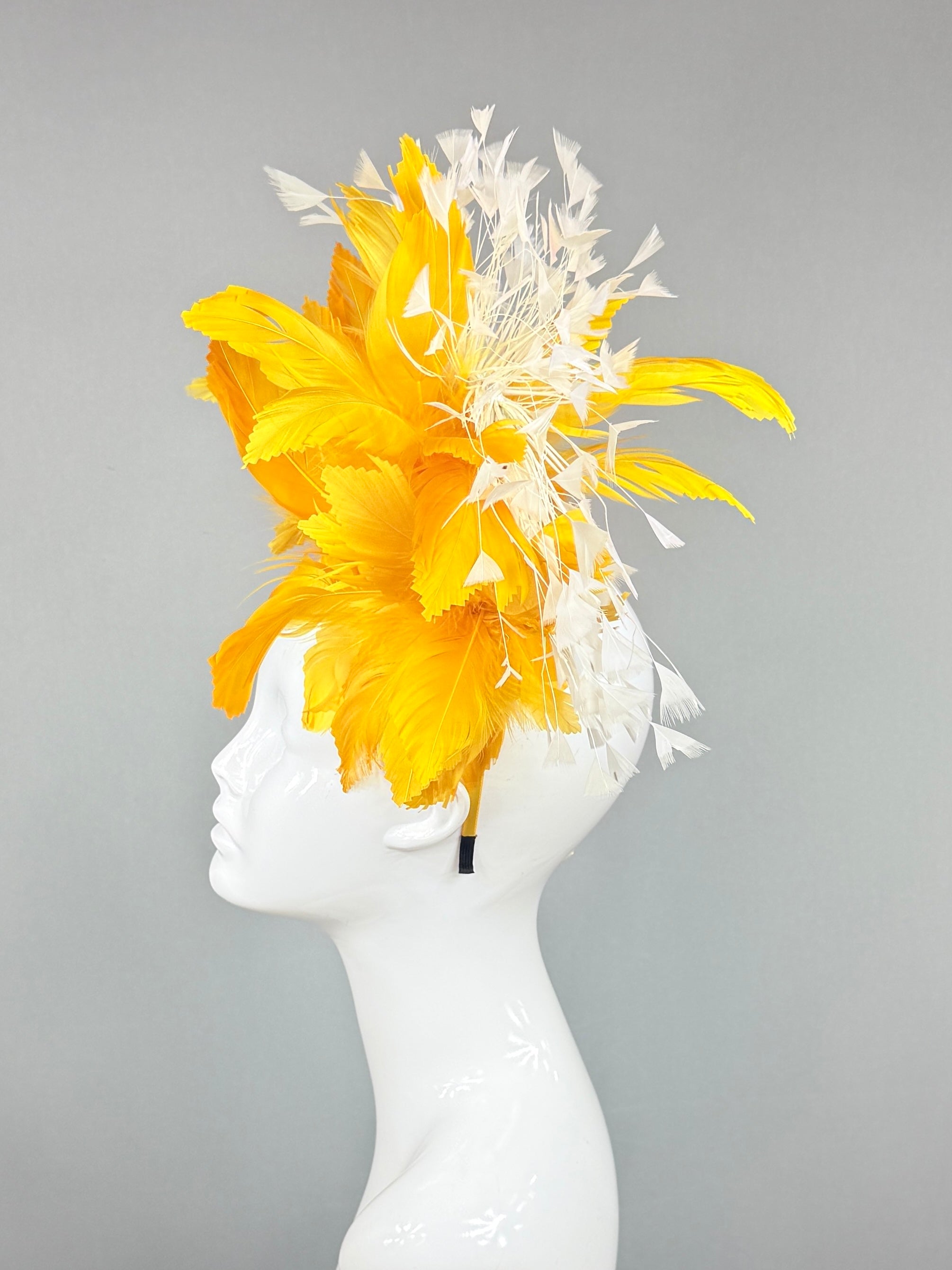 Kentucky Derby Fascinator Hat | White and yellow feathered Headband Hat | Derbyologie