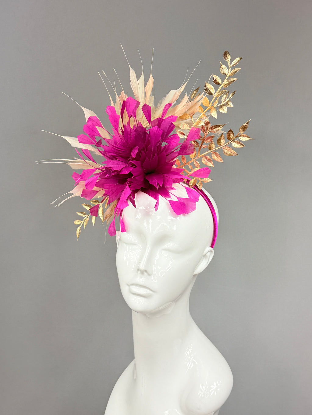 Kentucky Derby Fascinator Hat |Fuchsia, beige, and gold  Headband Hat | Derbyologie