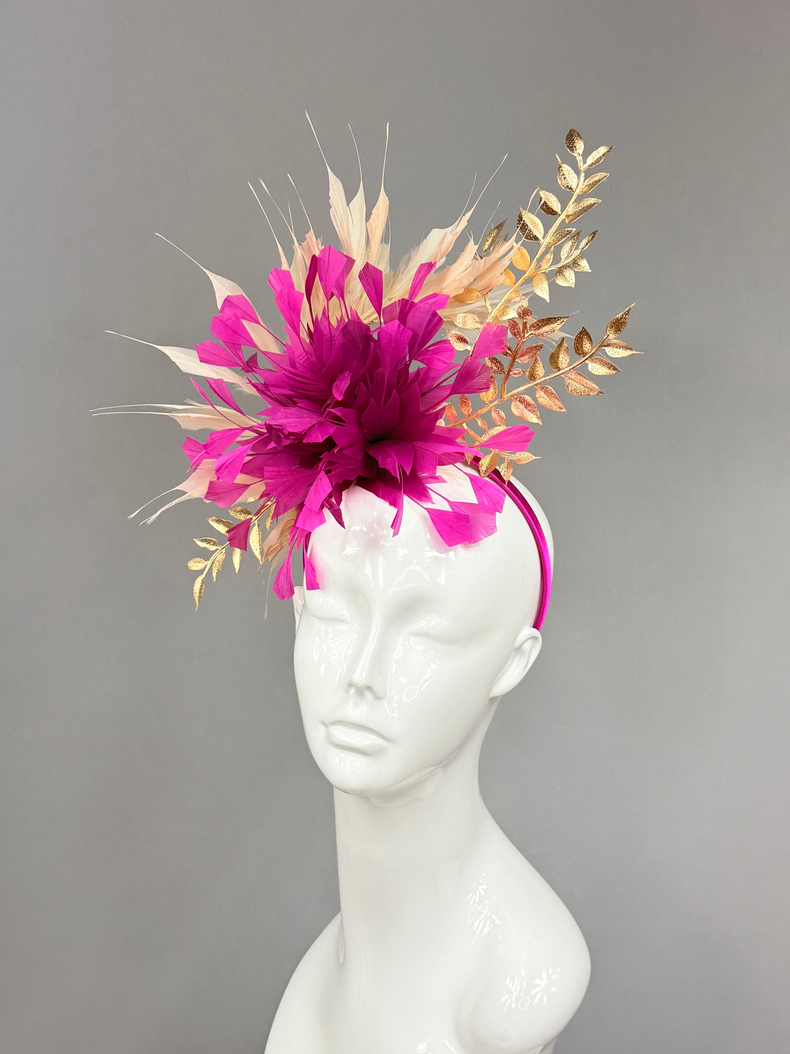 Kentucky Derby Fascinator Hat |Fuchsia, beige, and gold  Headband Hat | Derbyologie
