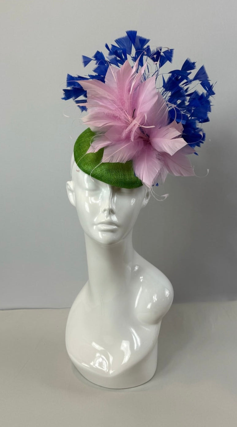 Green, Pink and Blue Kentucky Derby fascinator, Derby Hat Alternative (GOLD LINE)