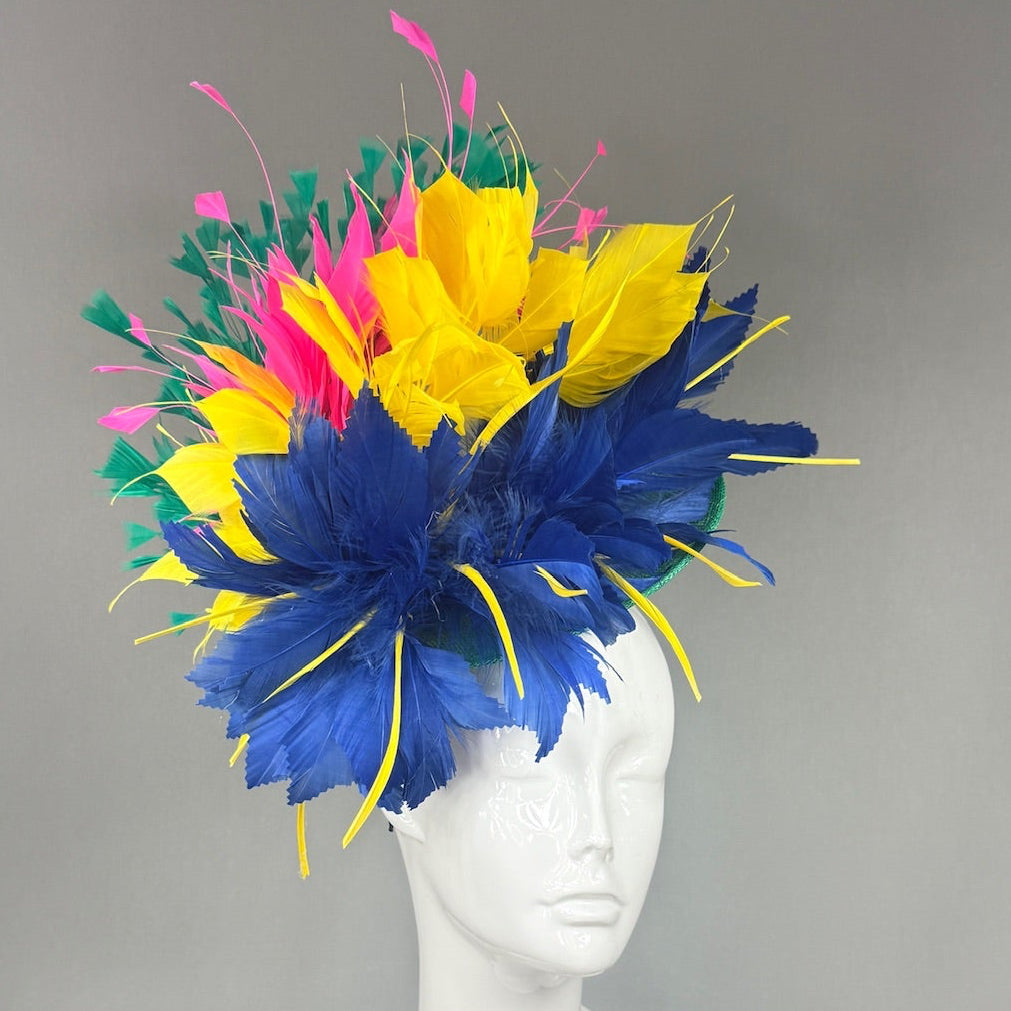 Kentucky Derby Fascinator Hat |  Navy, yellow, pink, and green feathered Headpiece | Derbyologie