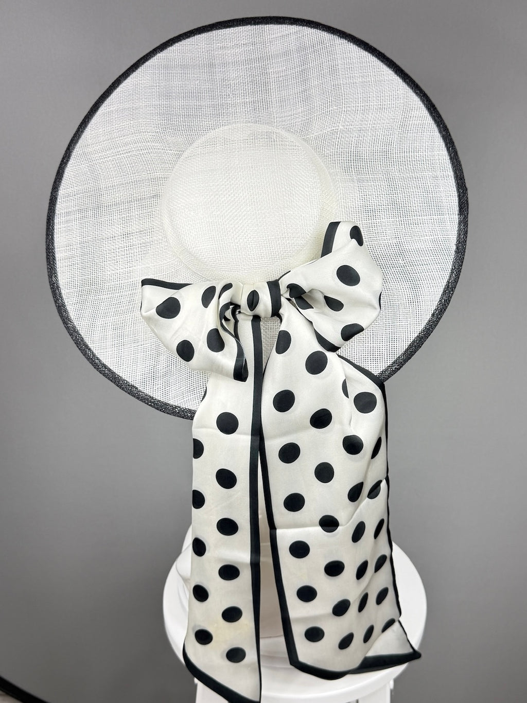 Kentucky Derby Fascinator Hat | White mat with black polka dot bow Headpiece | Derbyologie