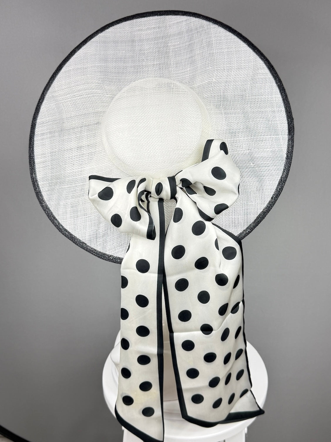 Kentucky Derby Fascinator Hat | White mat with black polka dot bow Headpiece | Derbyologie