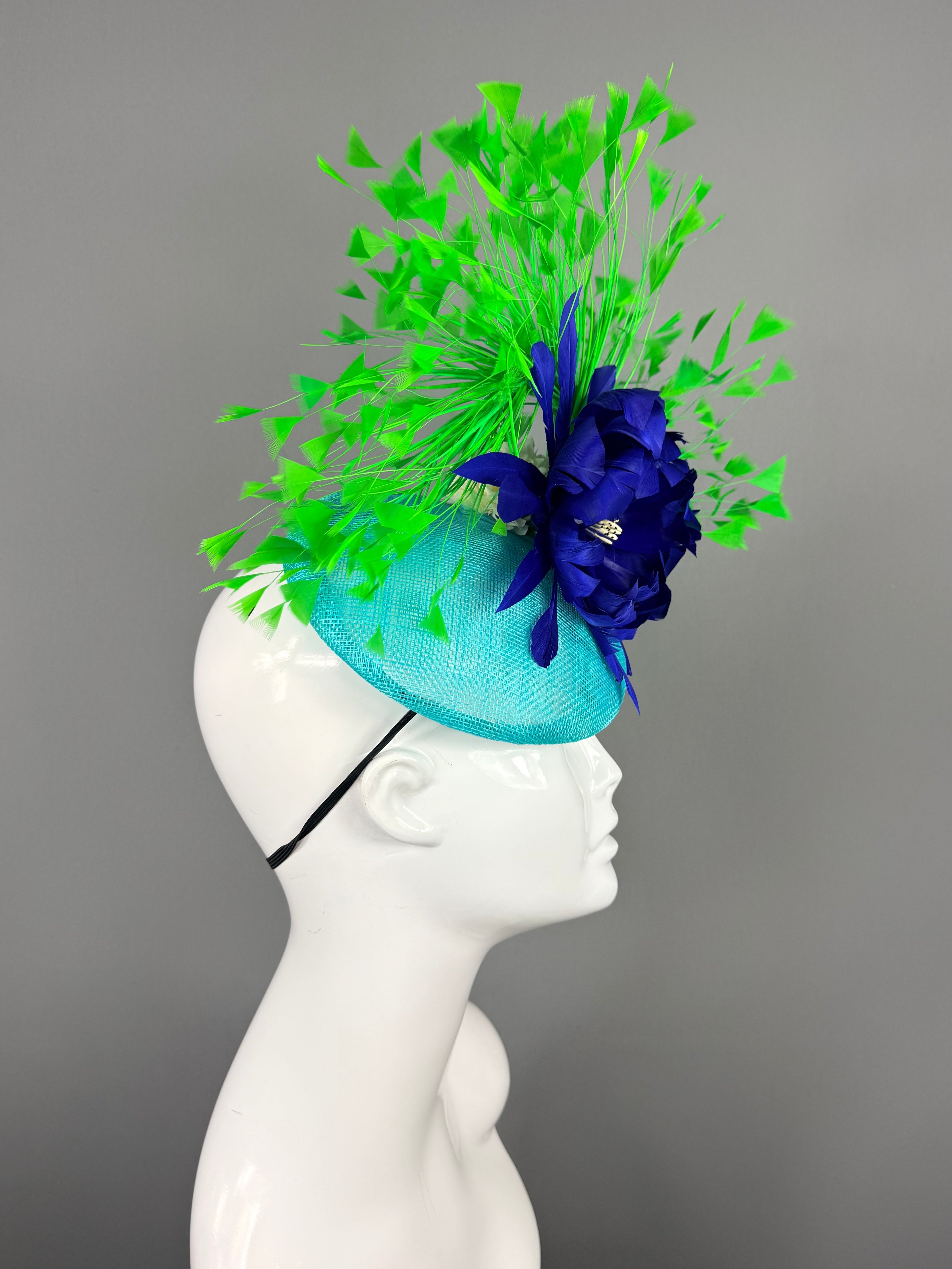 Kentucky Derby Fascinator Hat | Green, Blue and Turquoise Feather Flower Headpiece | Derbyologie