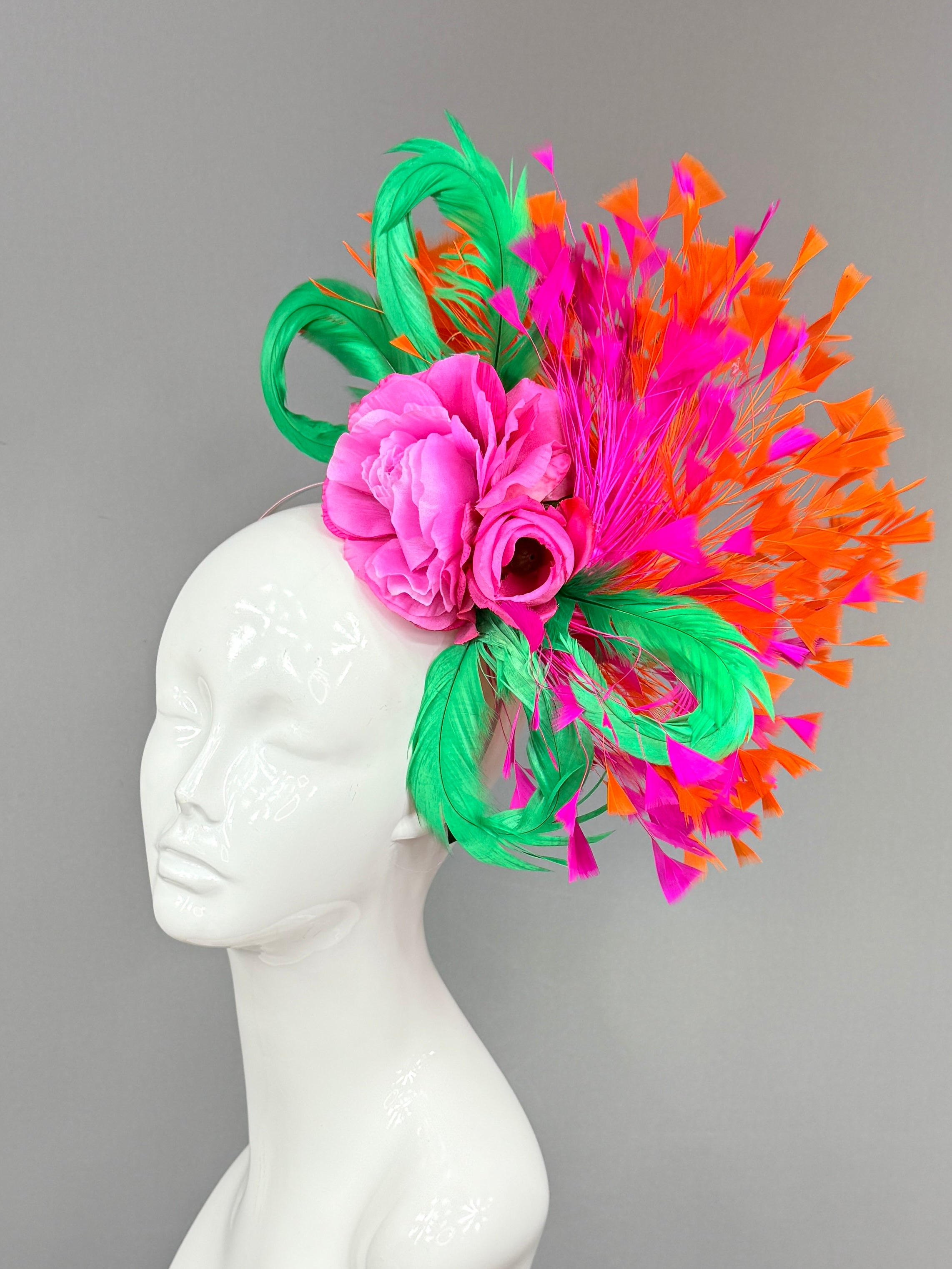 Kentucky Derby Fascinator Hat | Orange, pink, and green feathered Headband Hat | Derbyologie
